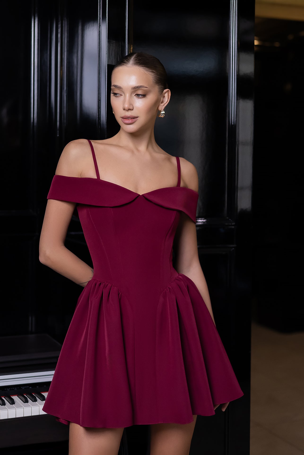 Bordeuax Off-The-Shoulder Mini Dress - side view | ELAGIA