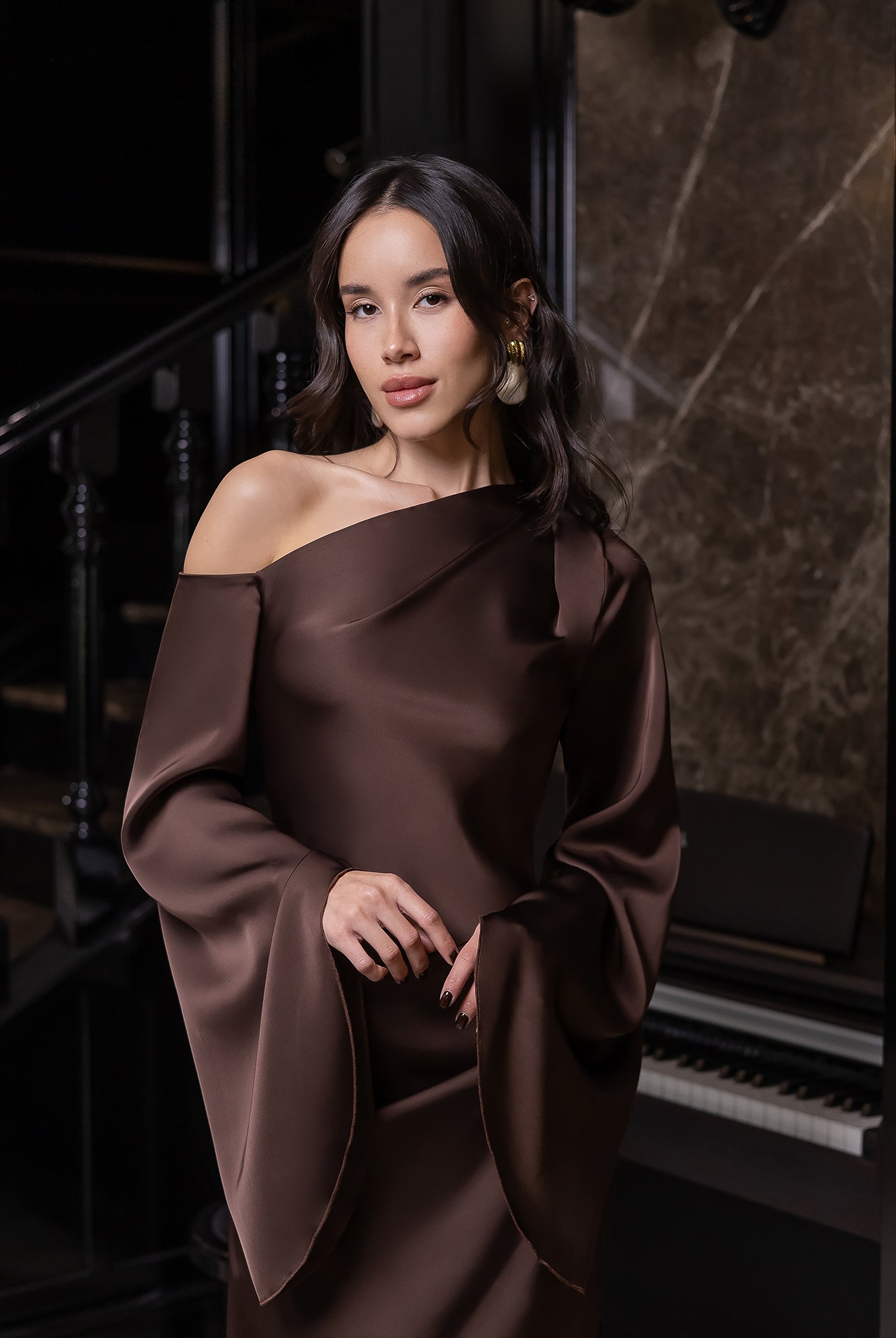 Celeste Brown Satin Asymmetric One-Shoulder Midi Dress - view 10 | ELAGIA