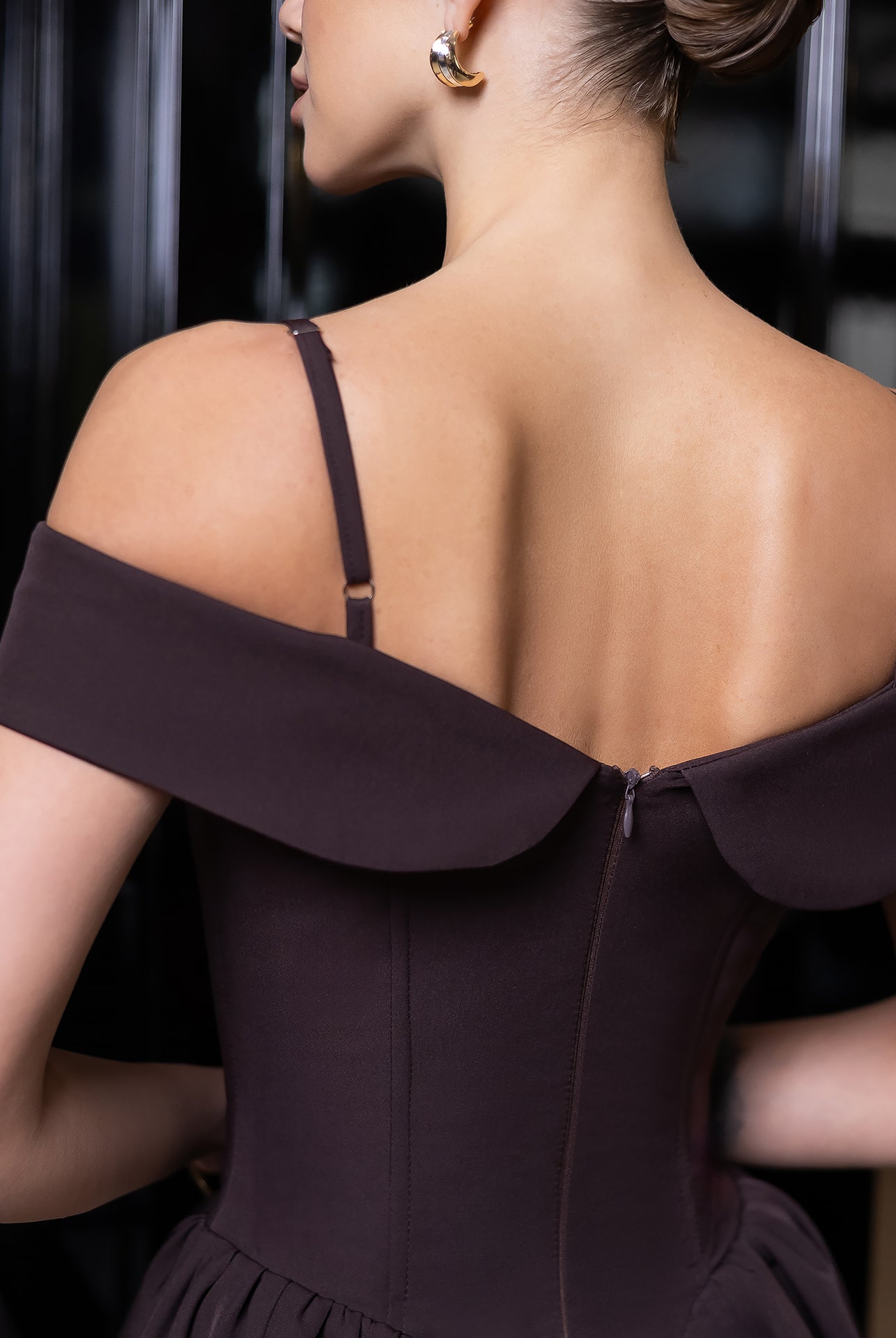 Brown Off-The-Shoulder Mini Dress - close-up detail | ELAGIA
