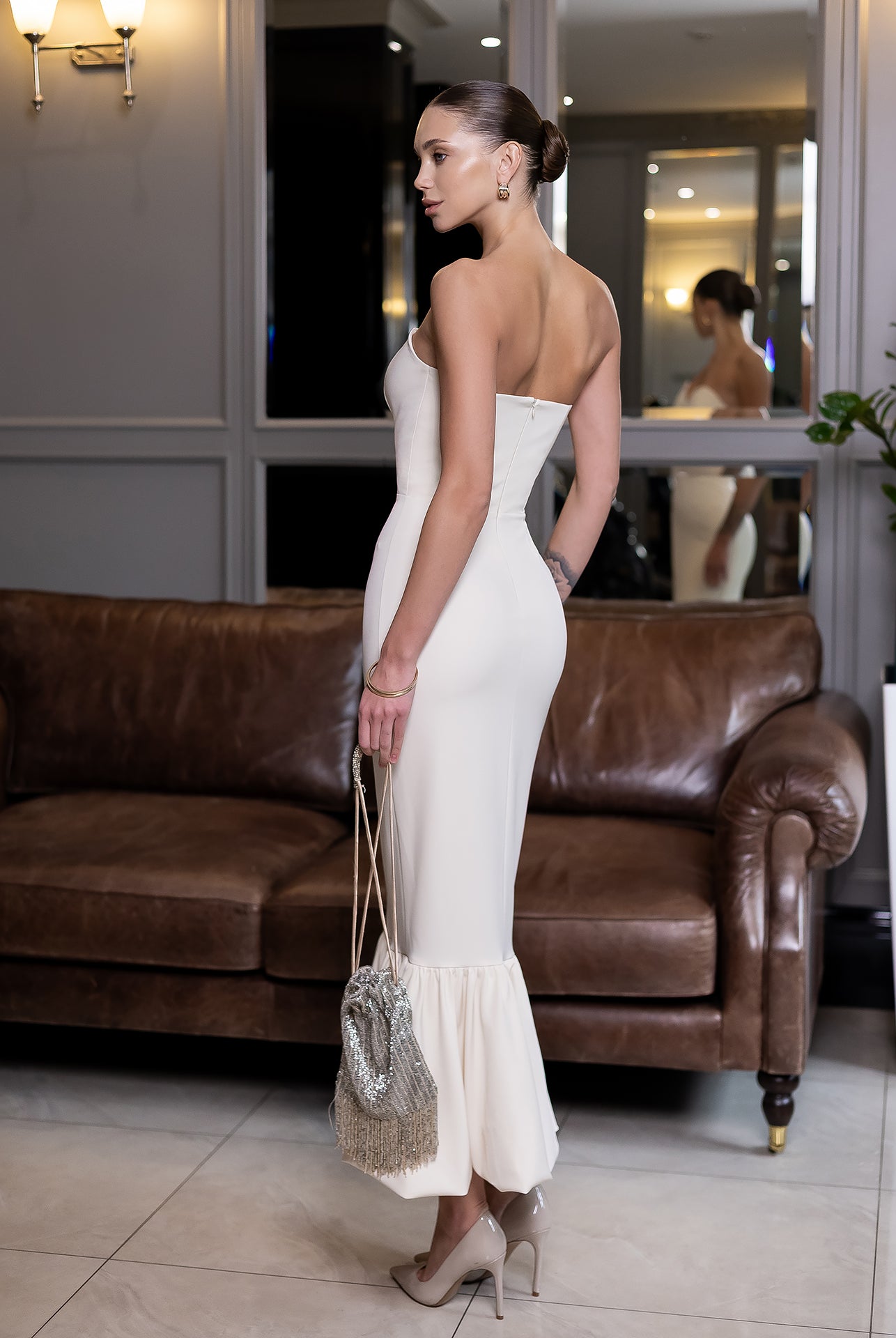 Bella Beige Strapless Ruffled-Hem Mermaid Midi Dress - side view | ELAGIA