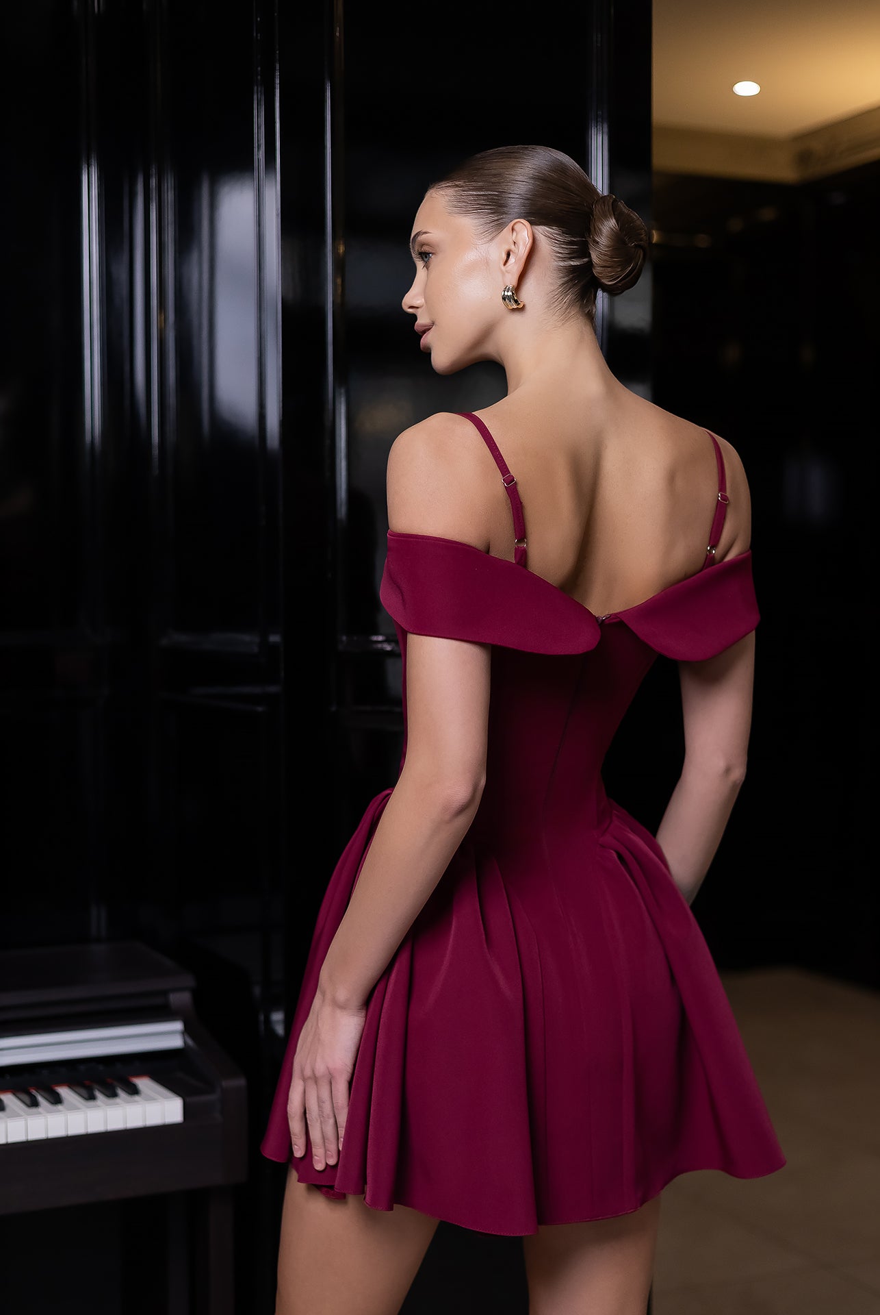 Bordeuax Off-The-Shoulder Mini Dress - back view | ELAGIA