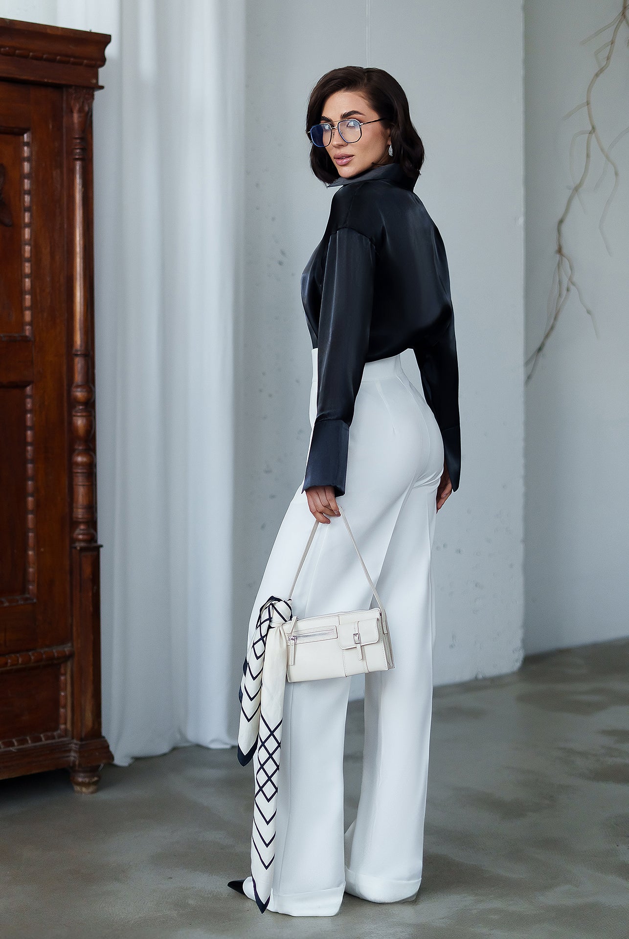 Bella Black Organza Concealed Button-Up Blouse - back view | ELAGIA