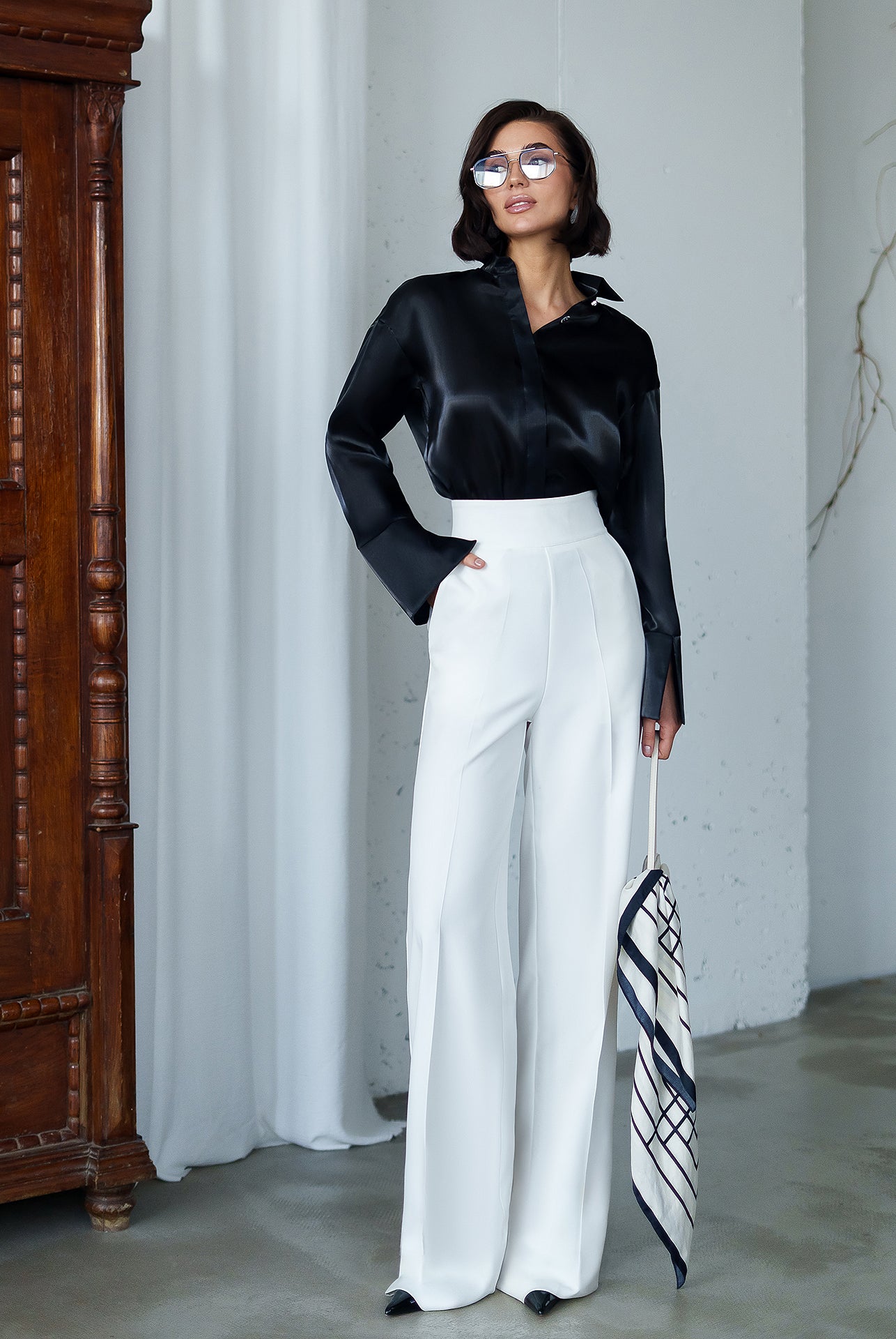 Bella Black Organza Concealed Button-Up Blouse - side view | ELAGIA