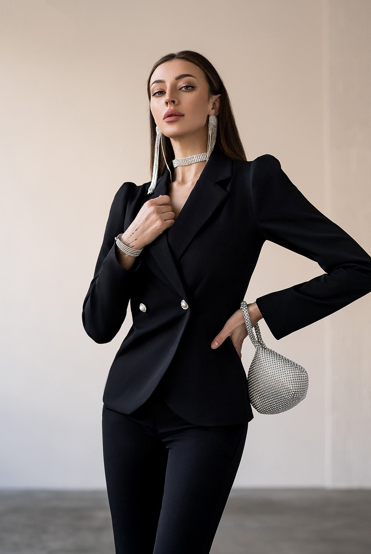 Black Double Breasted Suit 2-Piece - back view | ELAGIA