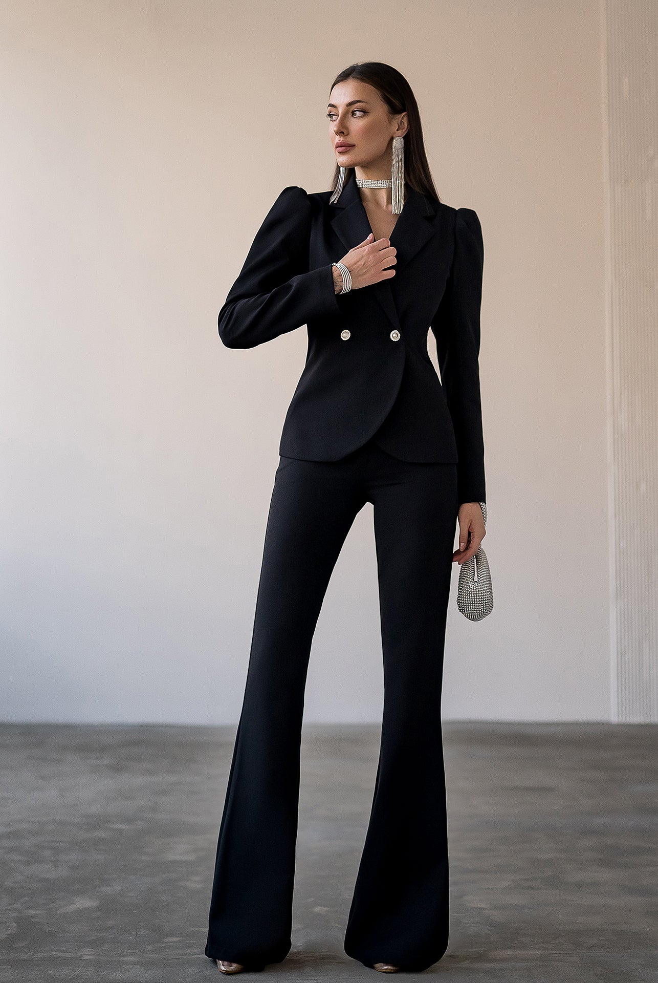Black Double Breasted Suit 2-Piece - front view | ELAGIA