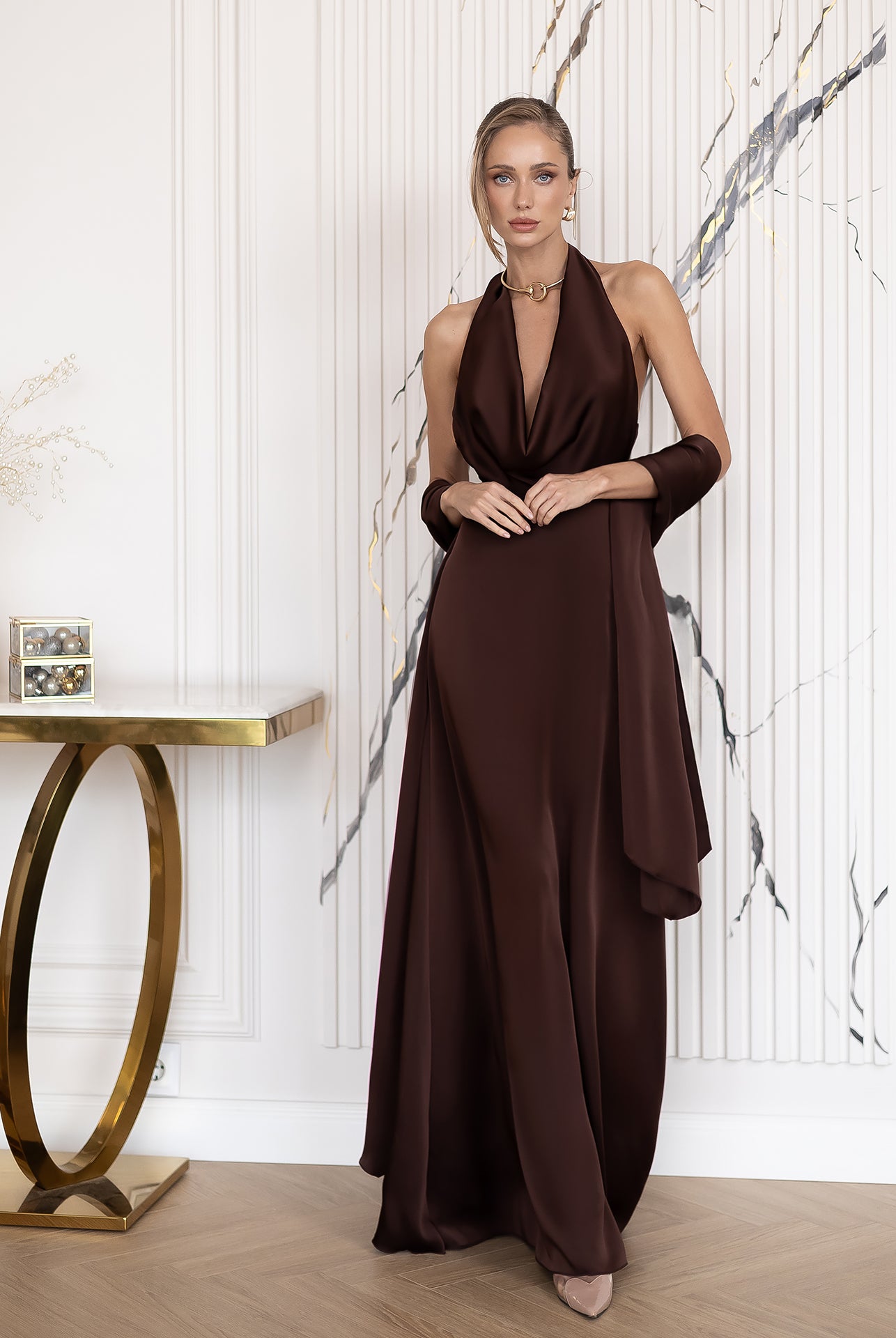 Céline Brown Satin Drape Halter-Neck Backless Maxi Dress - view 6 | ELAGIA