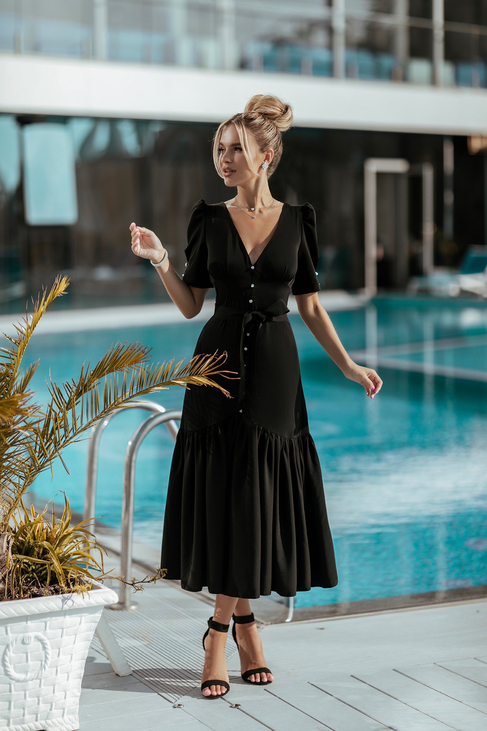 Elegant Black Peplum Midi Dress With Puff Sleeves