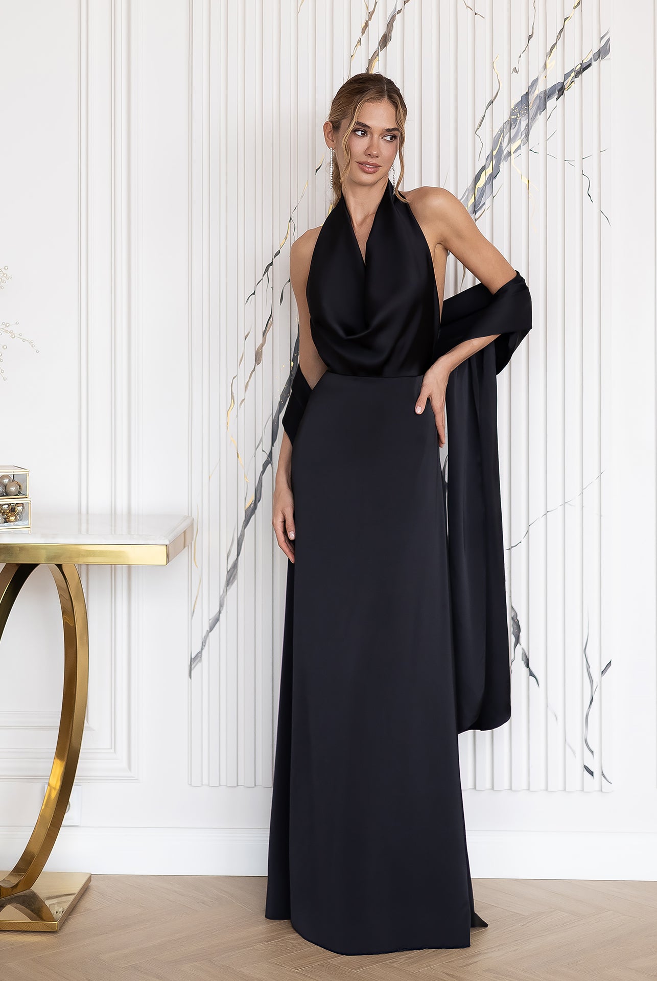 Céline Black Satin Drape Halter-Neck Backless Maxi Dress - front view | ELAGIA