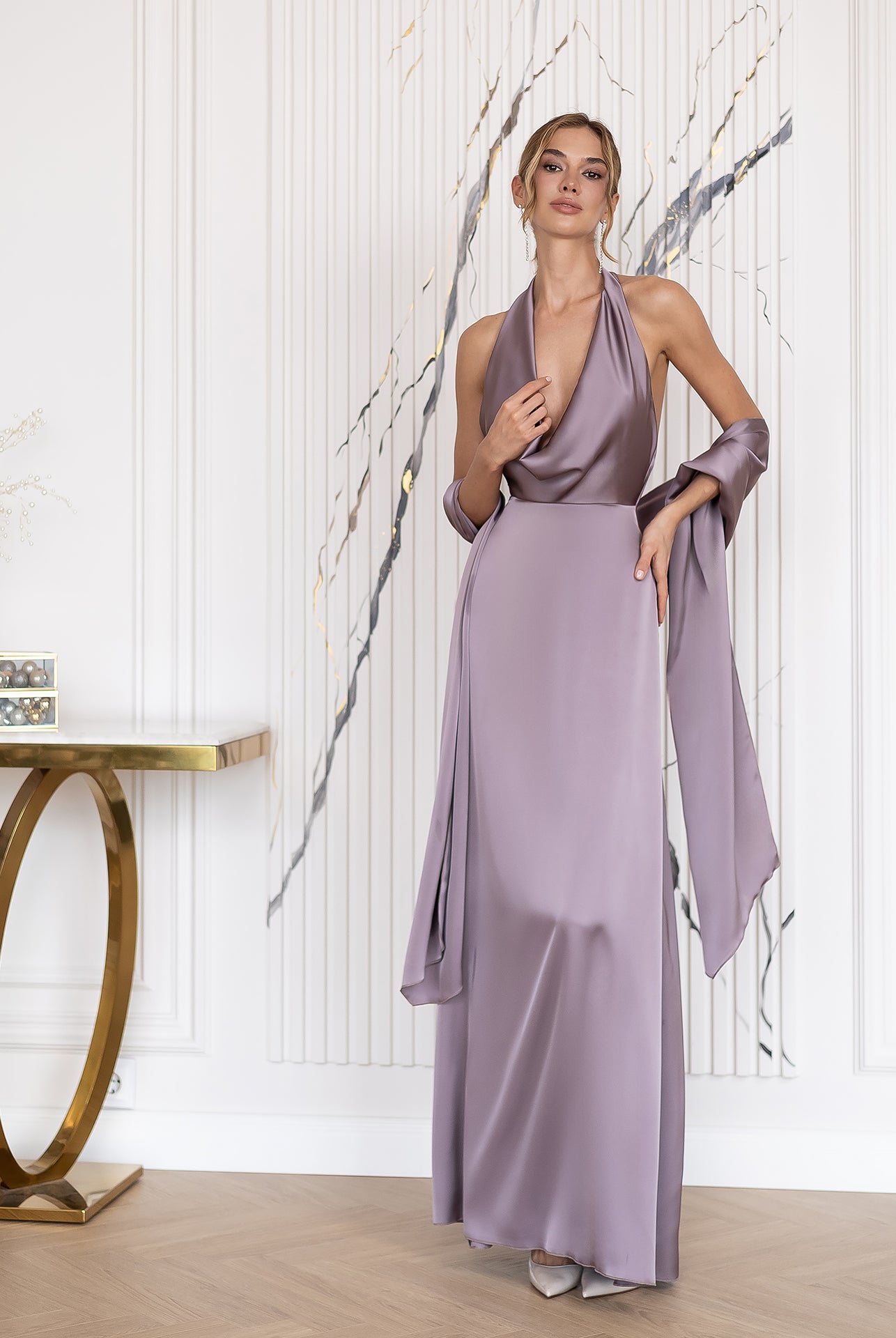 Céline Mocco Satin Drape Halter-Neck Backless Maxi Dress - front view | ELAGIA