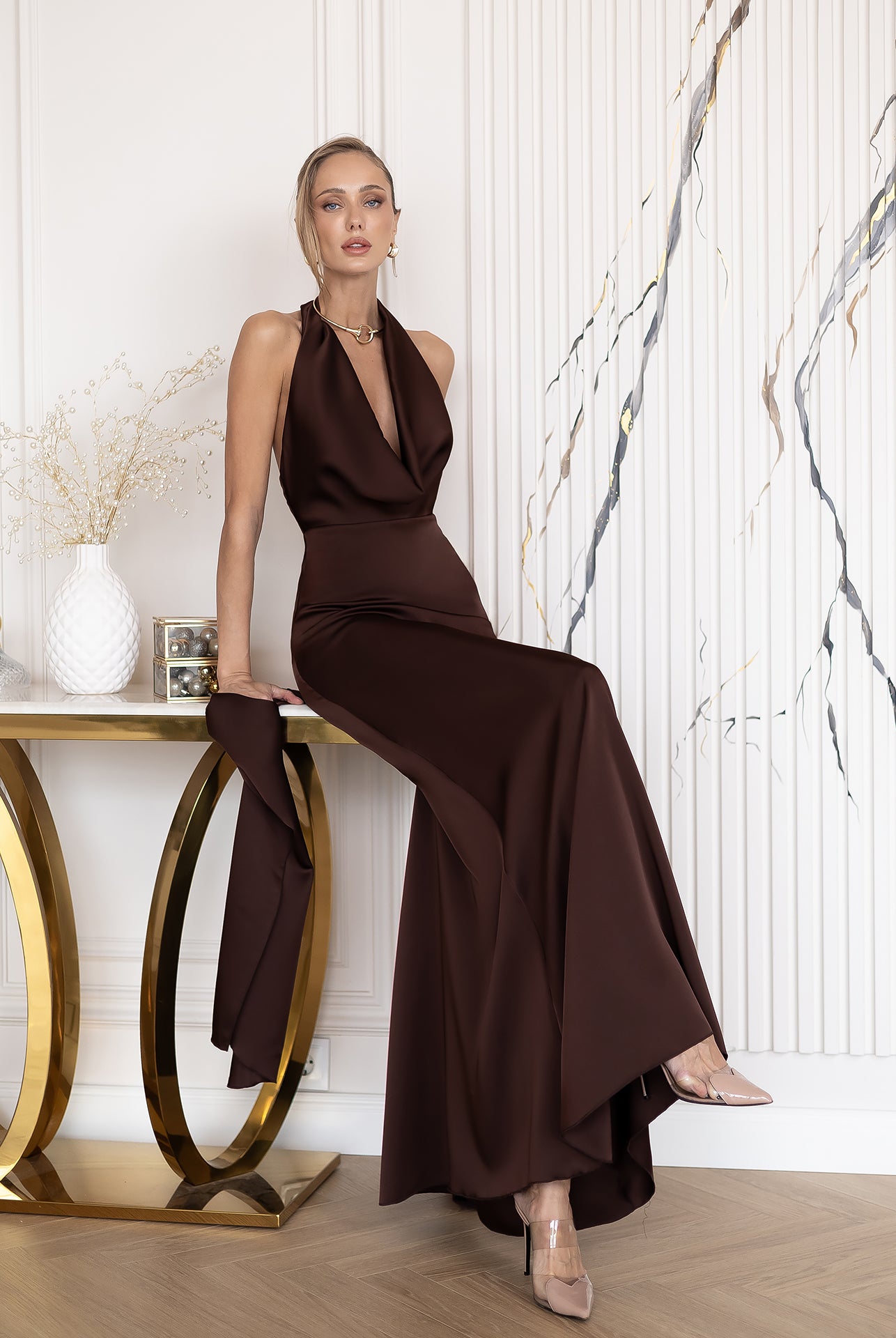 Céline Brown Satin Drape Halter-Neck Backless Maxi Dress - view 9 | ELAGIA