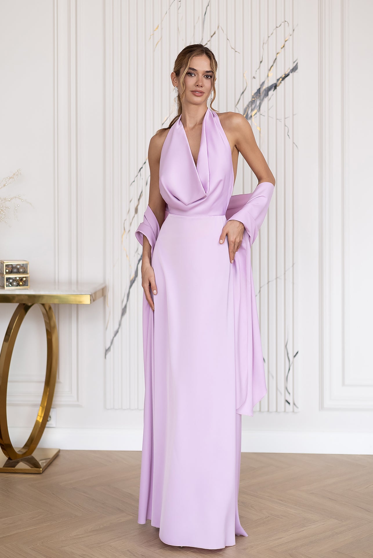 Céline Pink Satin Drape Halter-Neck Backless Maxi Dress - front view | ELAGIA