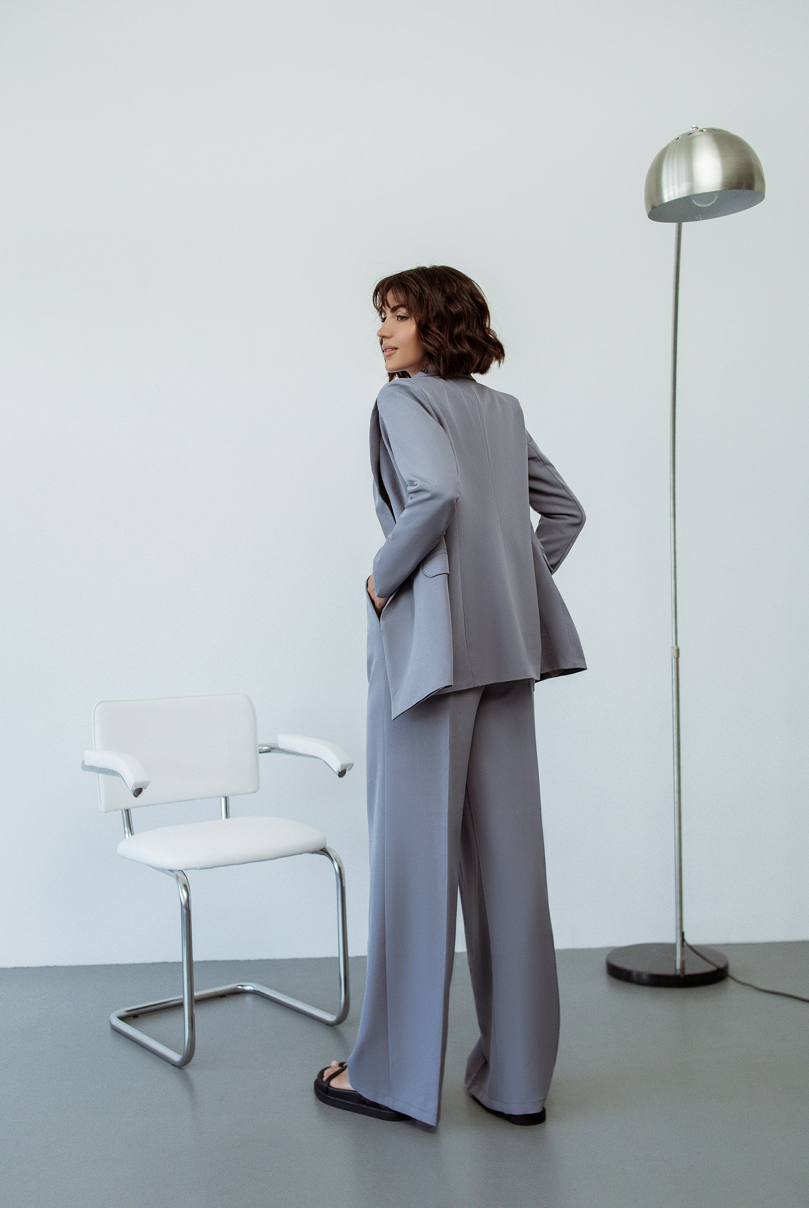 Grey Single-Breasted Suits 2-Piece - back view | ELAGIA