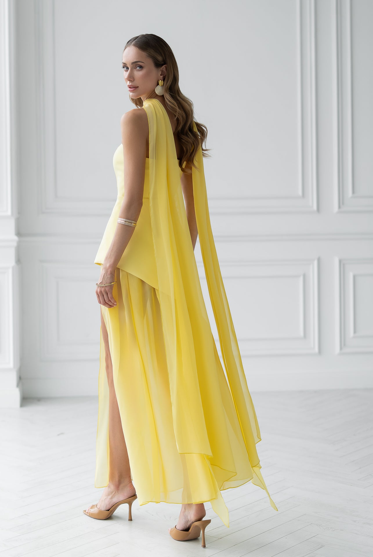 Yellow Strapless Back Scarf Overskirt Maxi Dress - side view | ELAGIA