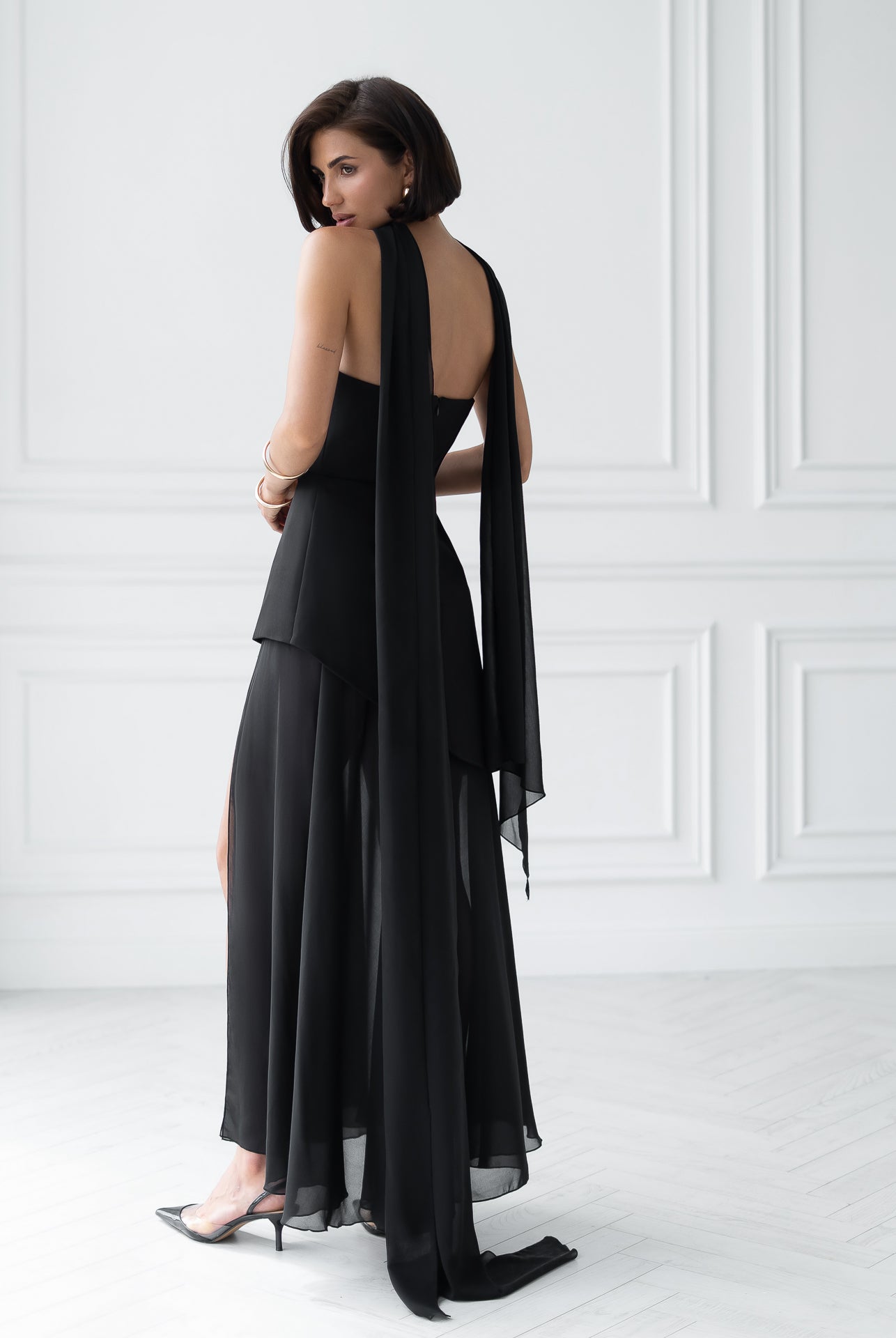 Black Strapless Back Scarf Overskirt Maxi Dress - view 7 | ELAGIA
