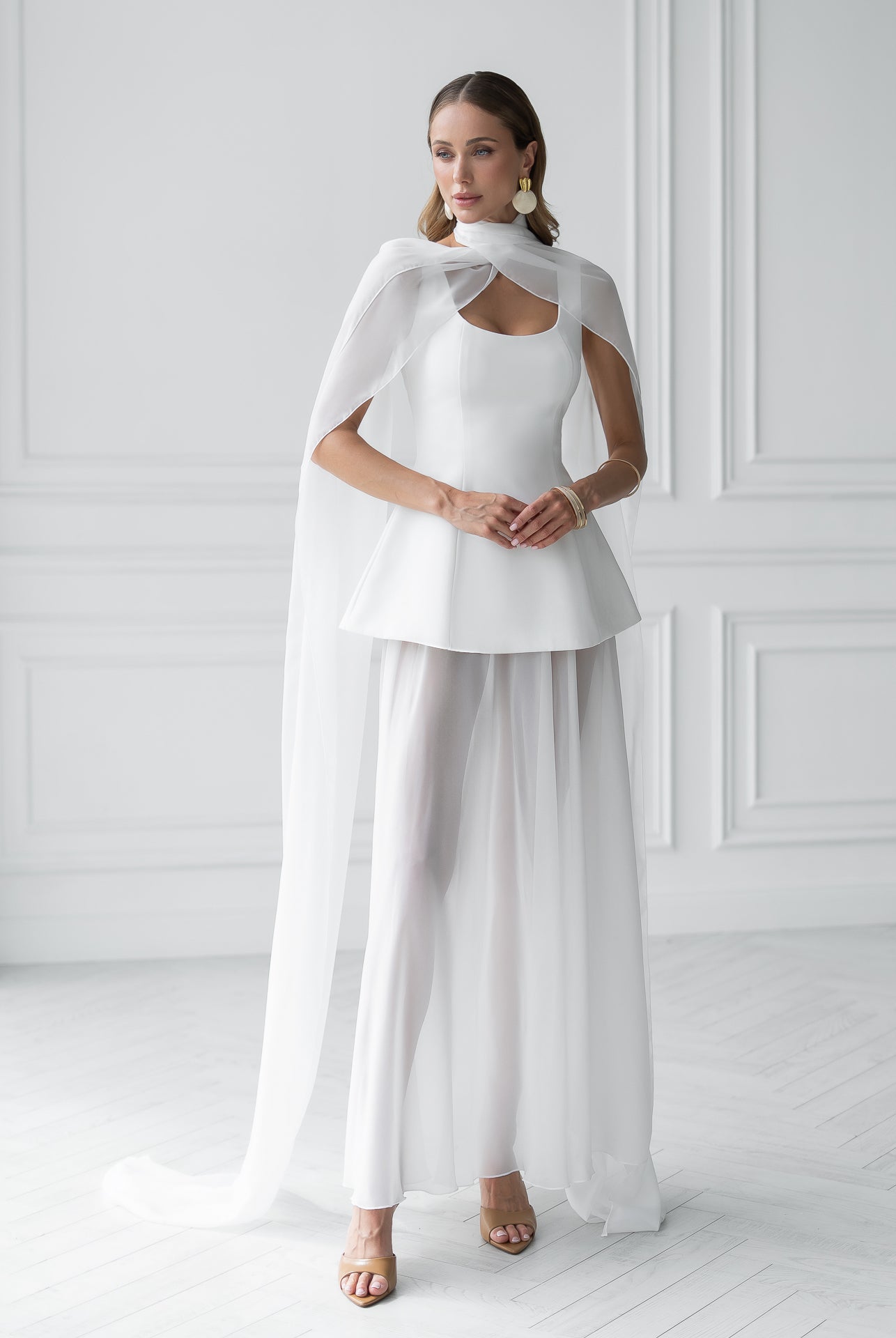 White Cape-Detail Peplum Chiffon Skirt Maxi Dress - styled look | ELAGIA