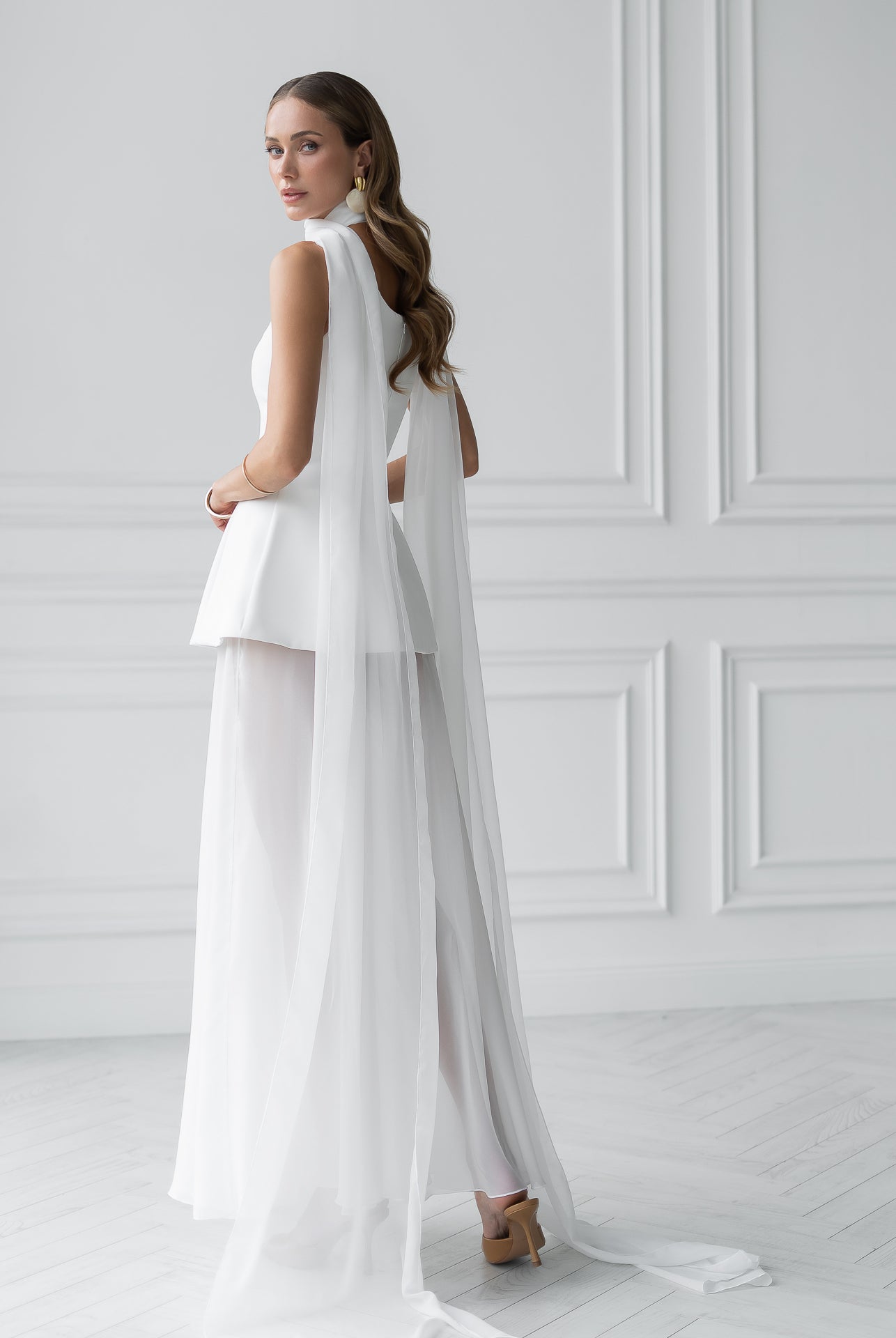 White Cape-Detail Peplum Chiffon Skirt Maxi Dress - view 6 | ELAGIA