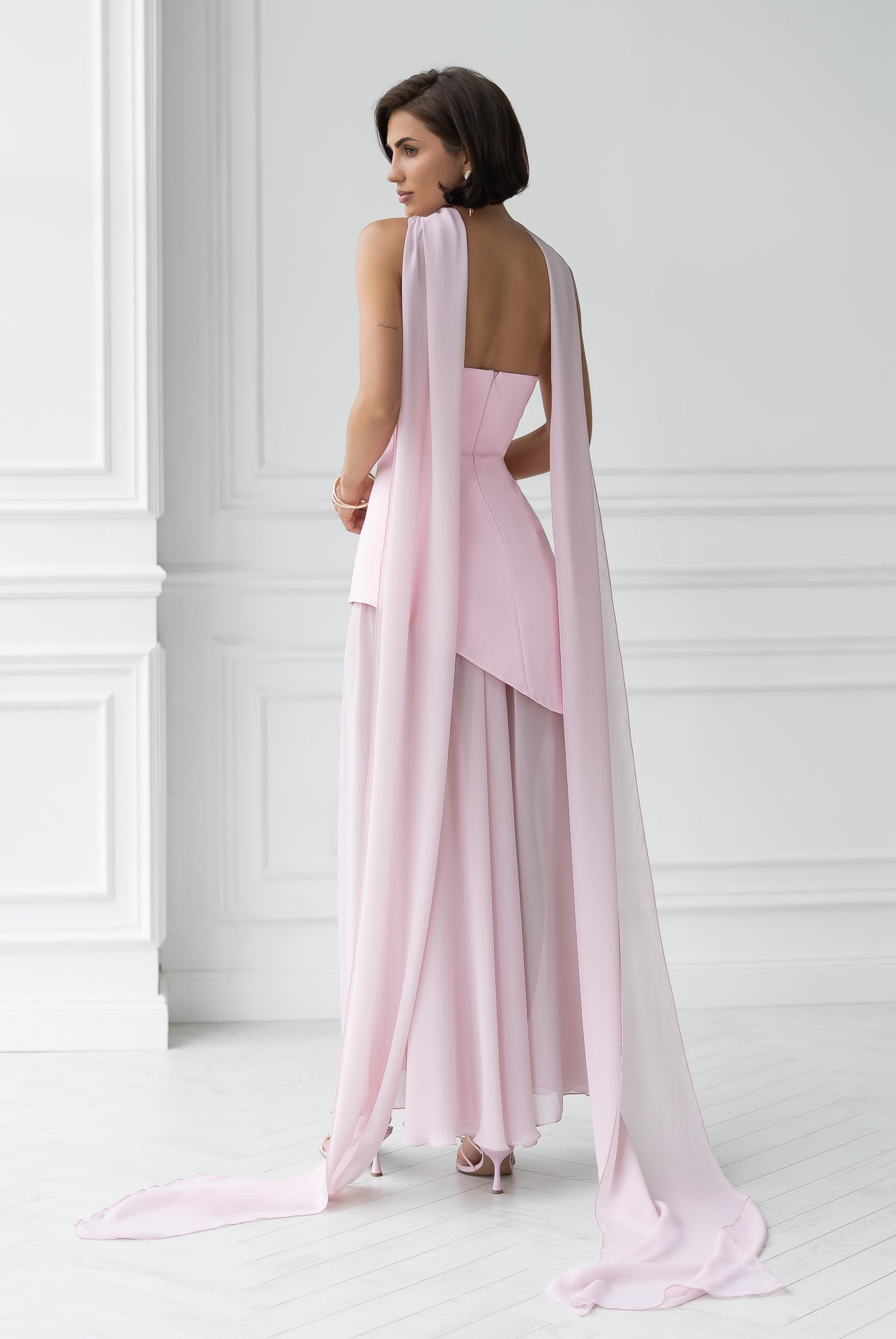 Dusty-Pink Strapless Back Scarf Overskirt Maxi Dress - side view | ELAGIA