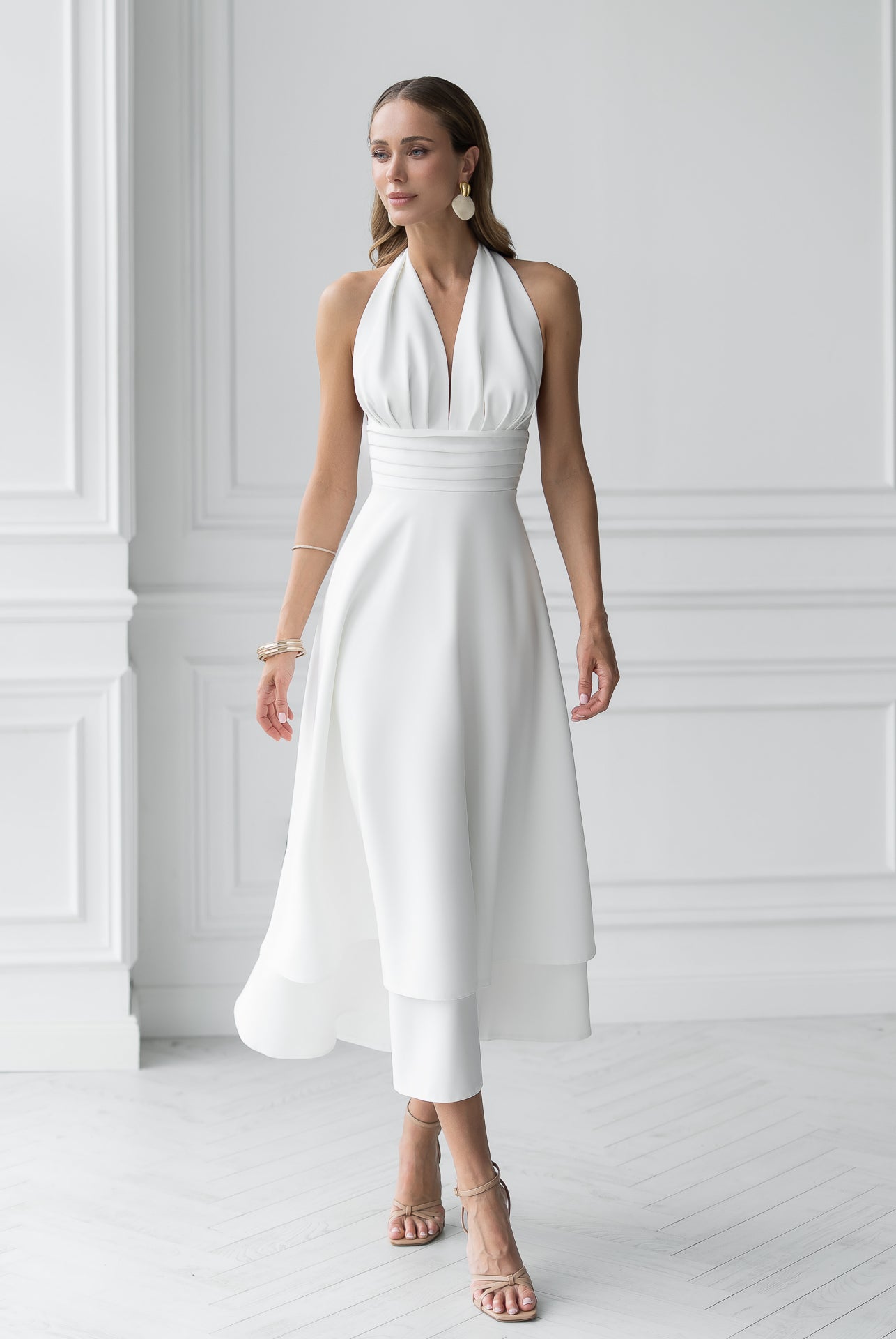 Gloria White Open-Back Halter-Neck Midi Dress - front view | ELAGIA