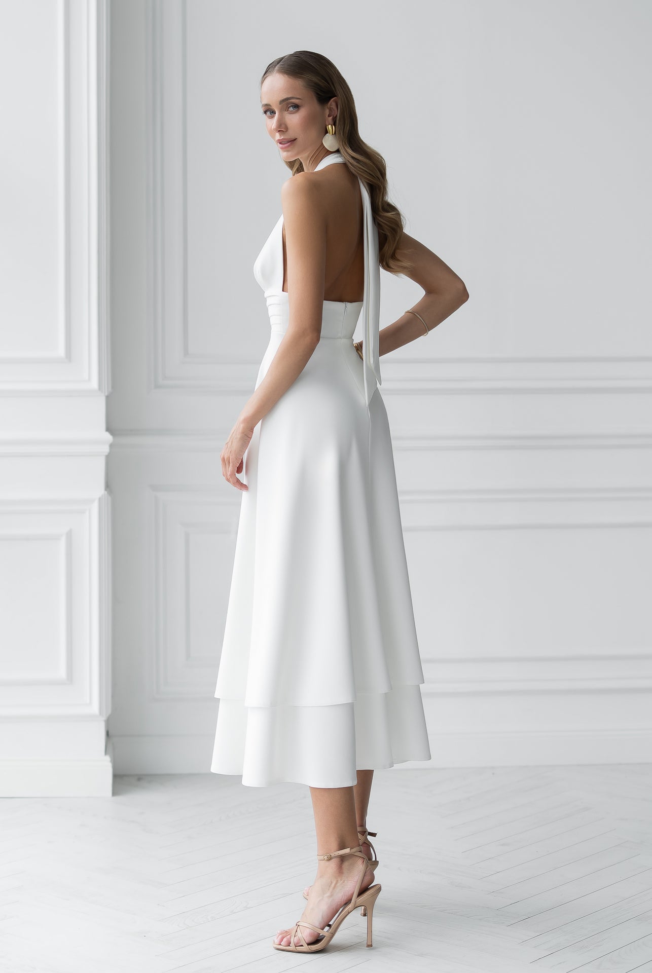 Gloria White Open-Back Halter-Neck Midi Dress - side view | ELAGIA