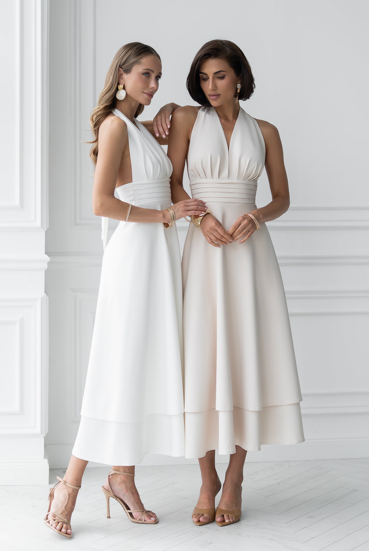 Gloria White Open-Back Halter-Neck Midi Dress - close-up detail | ELAGIA