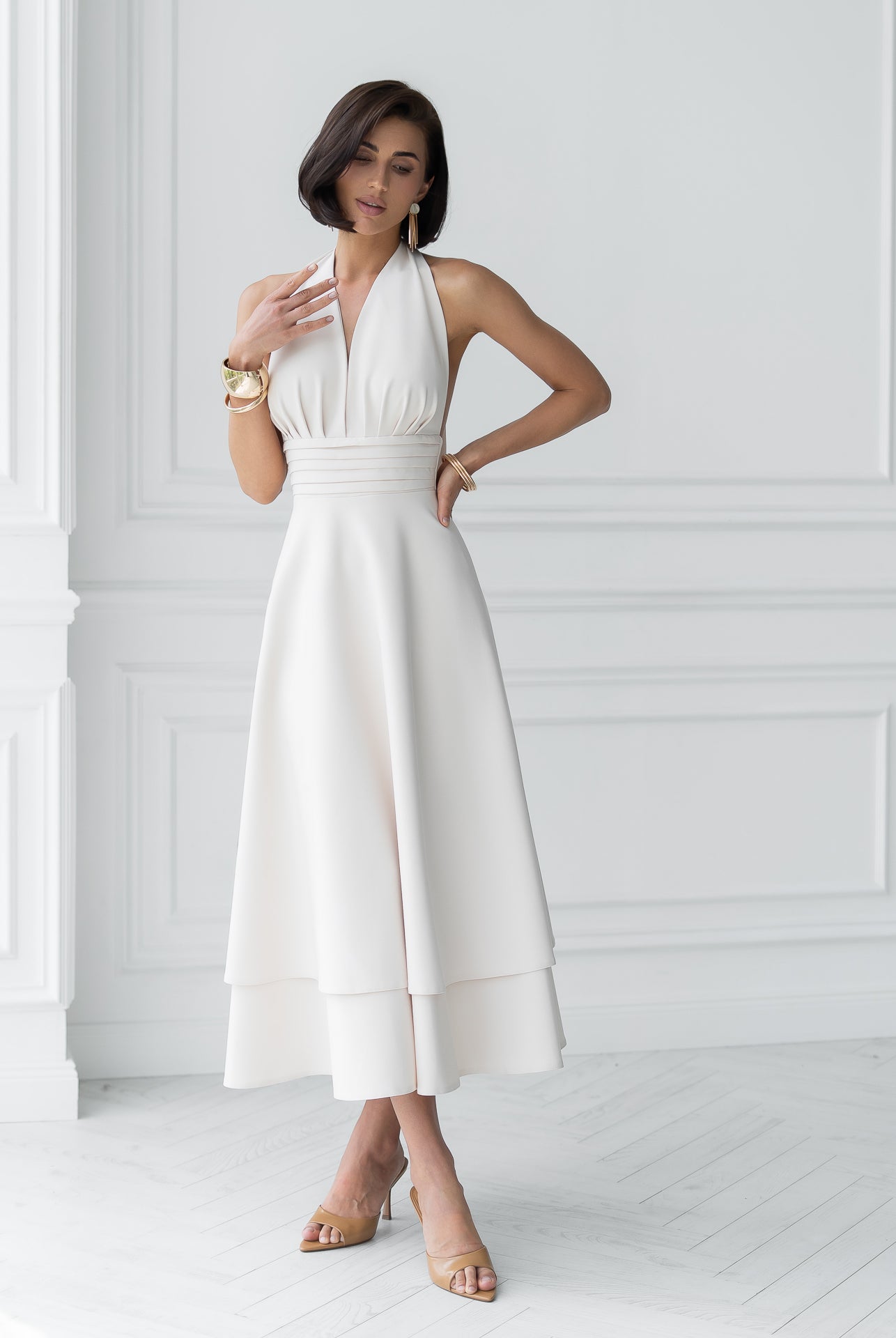 Gloria Beige Open-Back Halter-Neck Midi Dress - front view | ELAGIA