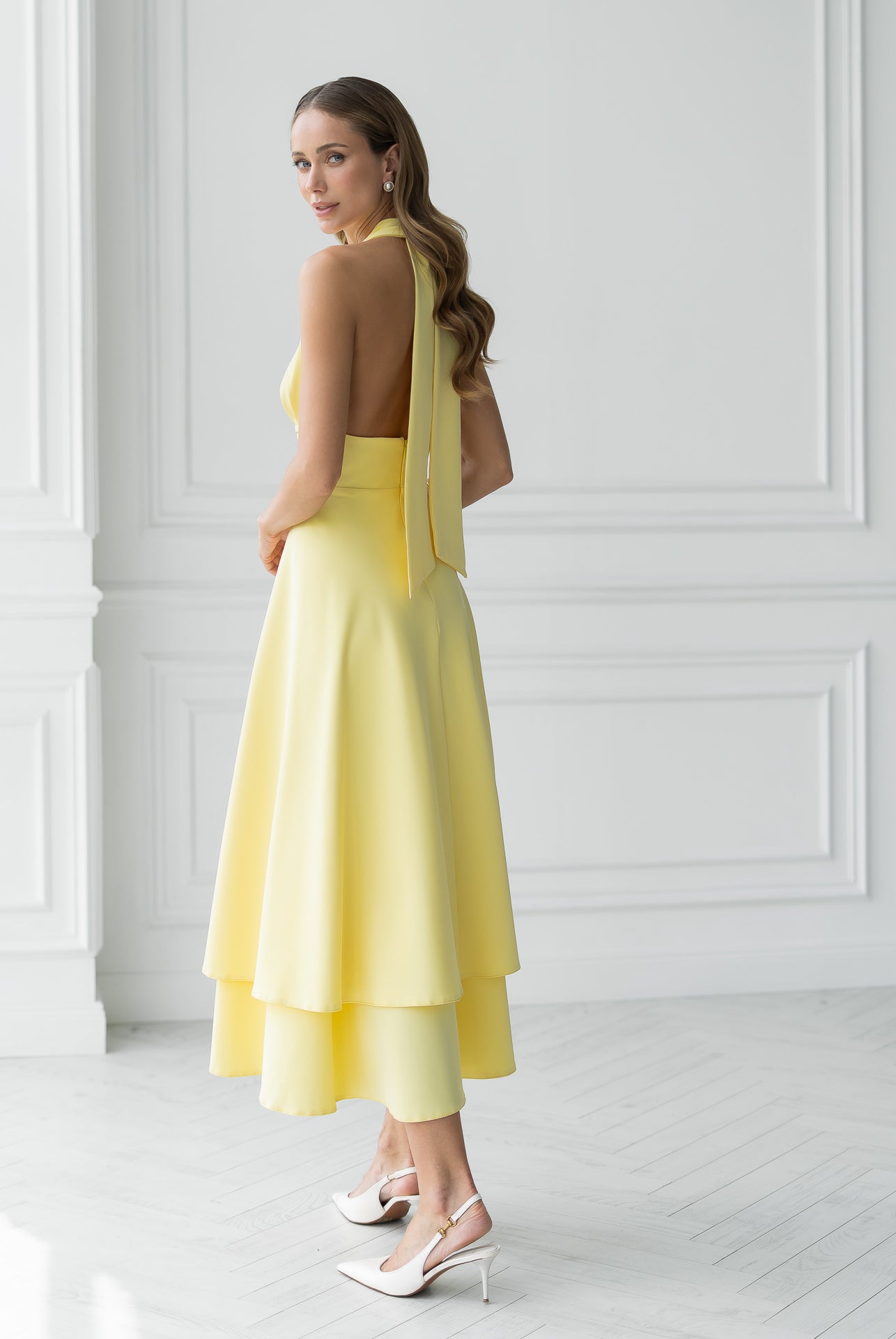 Gloria Yellow Open-Back Halter-Neck Midi Dress - side view | ELAGIA