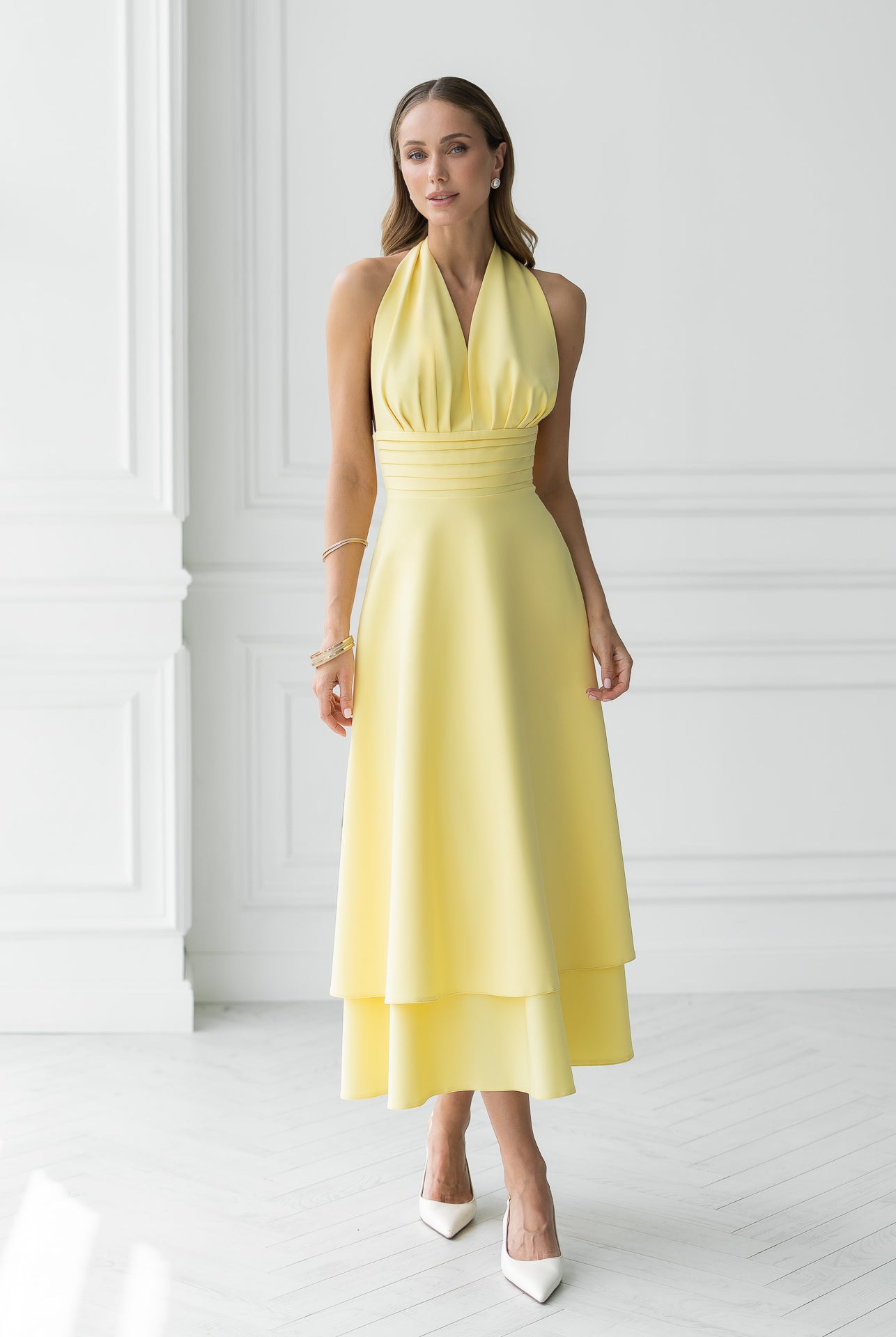 Gloria Yellow Open-Back Halter-Neck Midi Dress - front view | ELAGIA