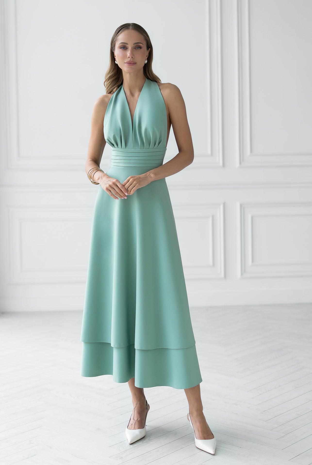 Gloria Olive Open-Back Halter-Neck Midi Dress - front view | ELAGIA