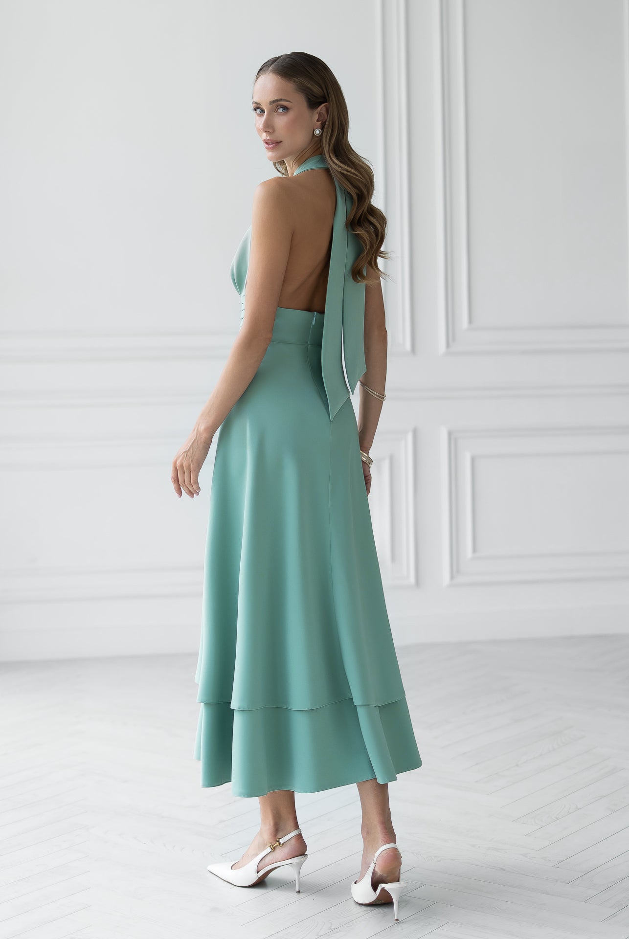 Gloria Olive Open-Back Halter-Neck Midi Dress - side view | ELAGIA