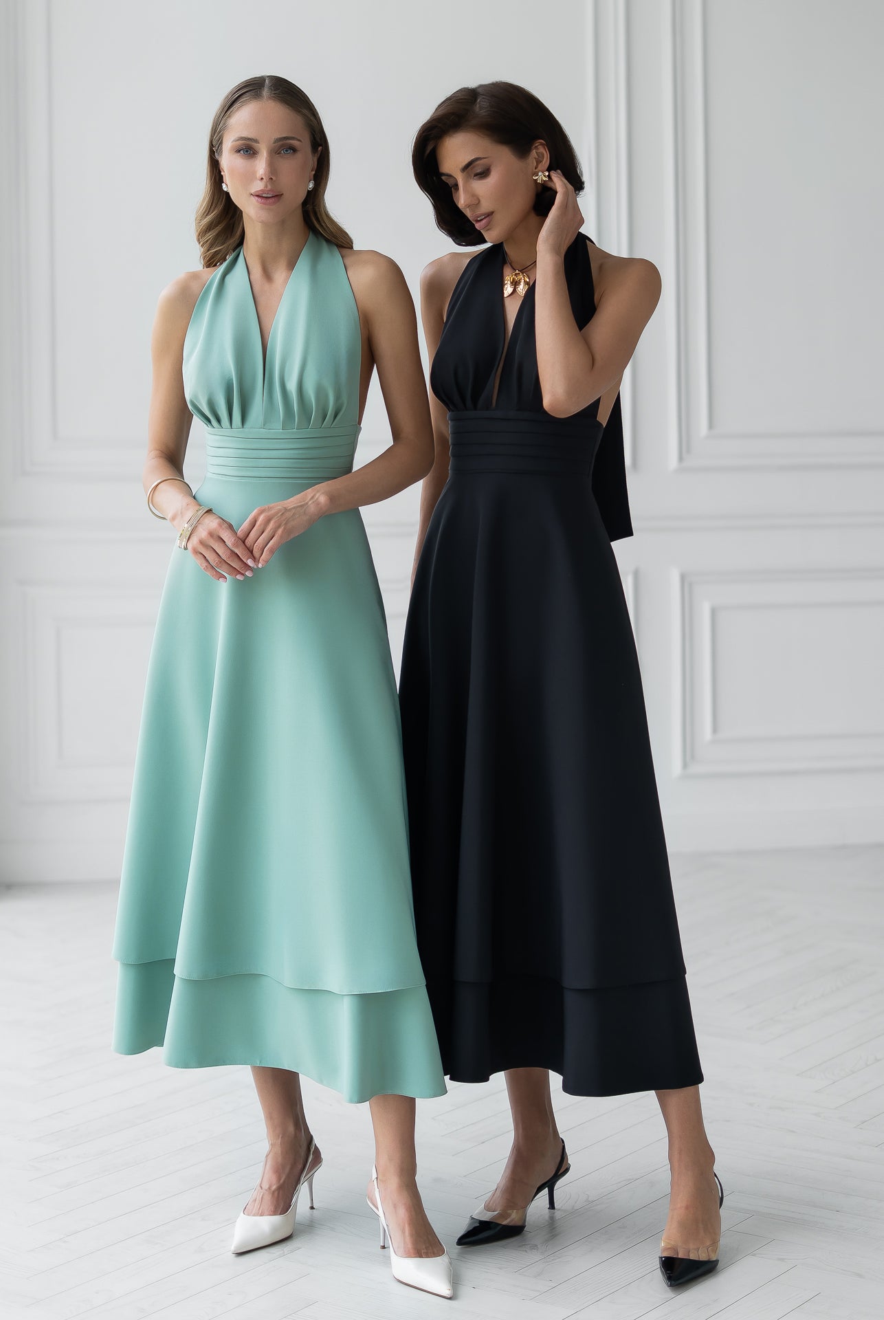 Gloria Black Open-Back Halter-Neck Midi Dress - close-up detail | ELAGIA