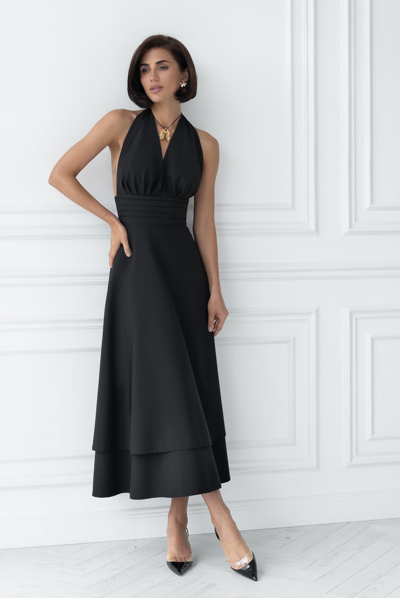 Gloria Black Open-Back Halter-Neck Midi Dress - front view | ELAGIA