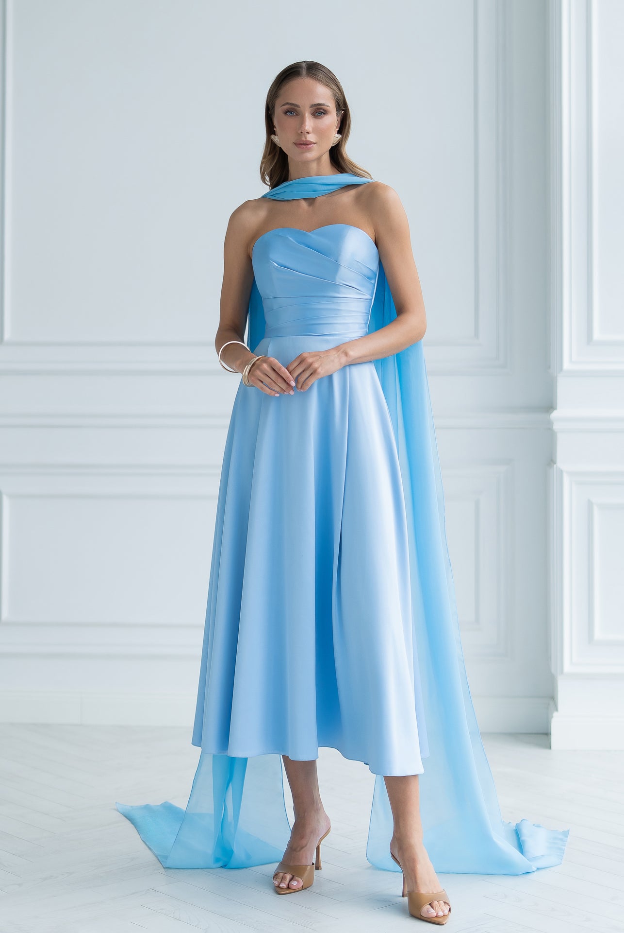Nova Sky-Blue Satin Strapless Sweetheart Midi Dress - back view | ELAGIA