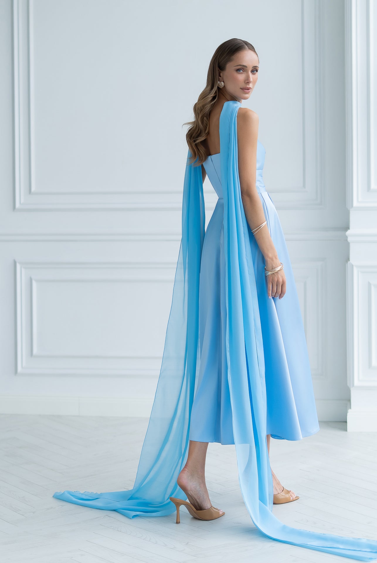 Nova Sky-Blue Satin Strapless Sweetheart Midi Dress - side view | ELAGIA