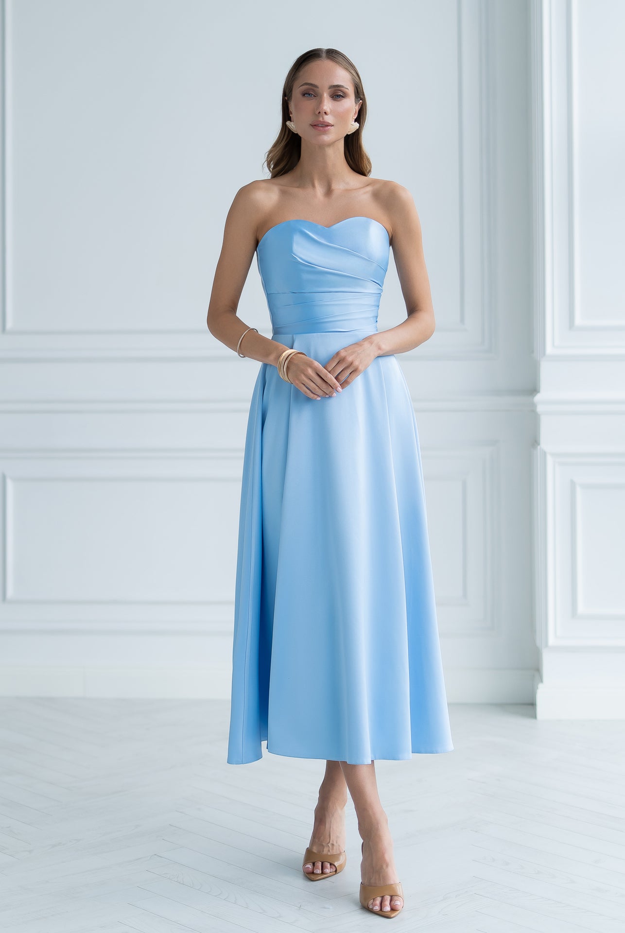Nova Sky-Blue Satin Strapless Sweetheart Midi Dress - front view | ELAGIA