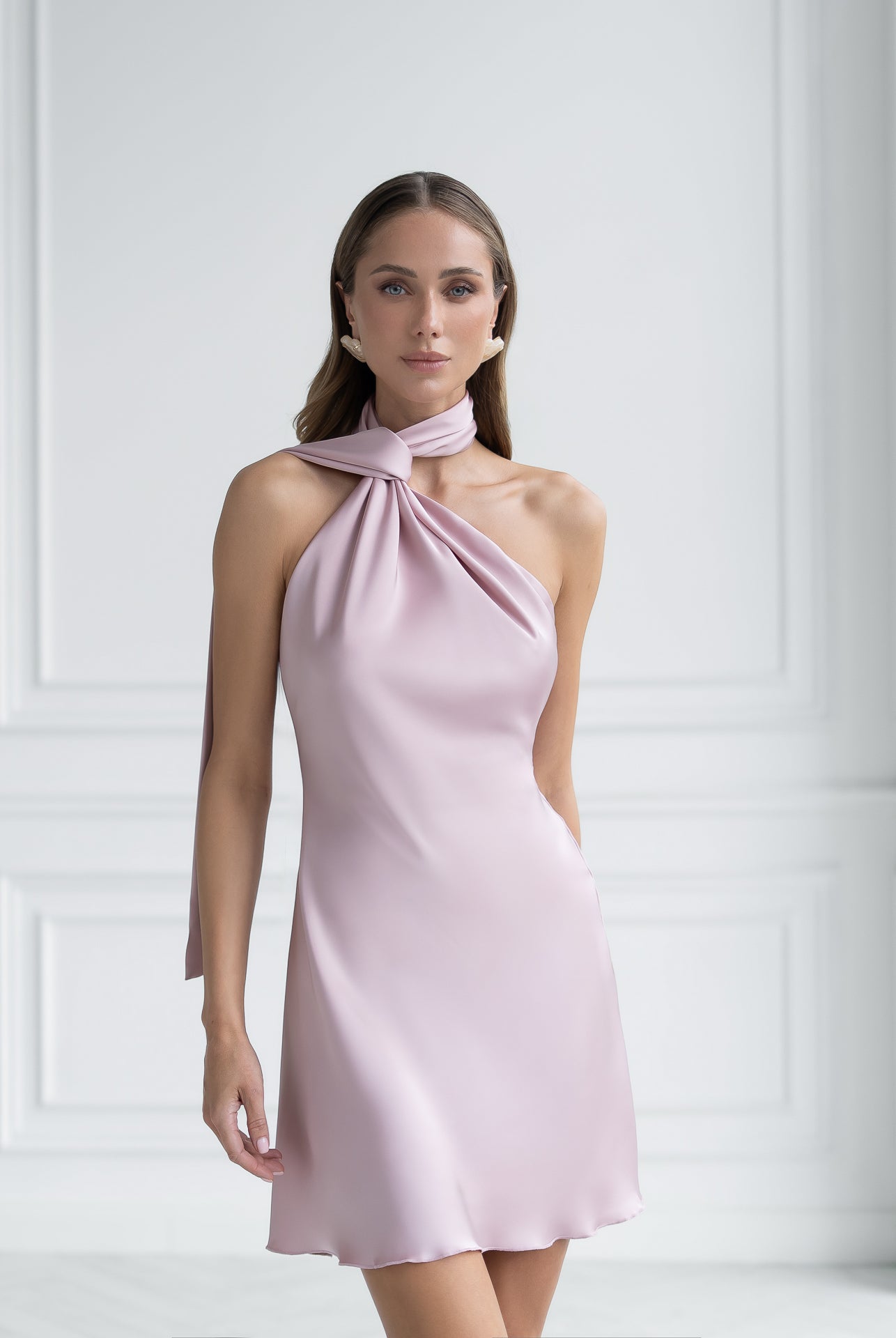 Leona Dusty Pink Satin Scarf-Neck Backless Mini Dress - close-up detail | ELAGIA