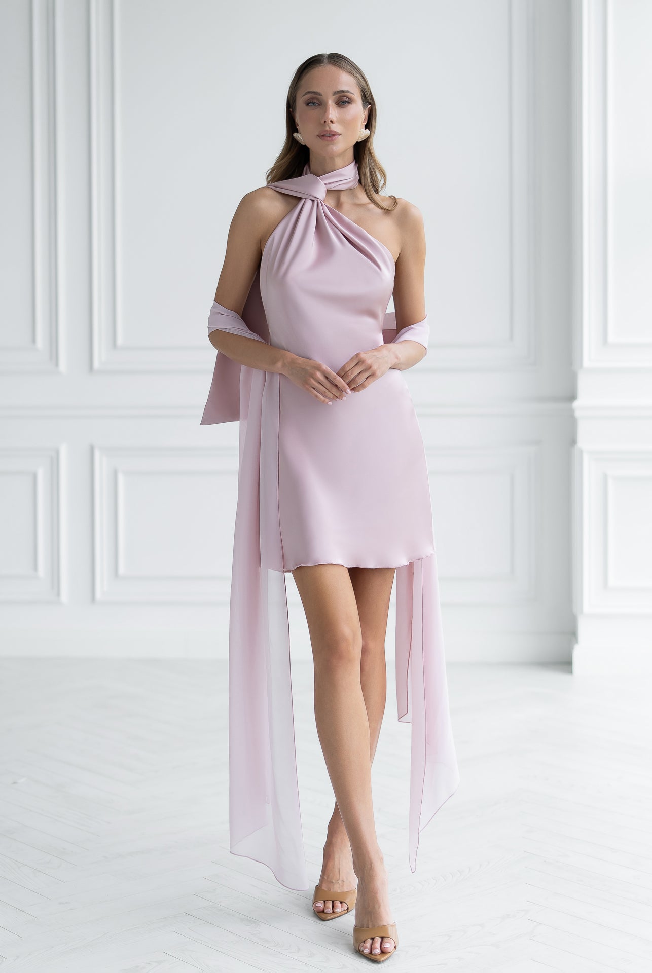 Leona Dusty Pink Satin Scarf-Neck Backless Mini Dress - back view | ELAGIA