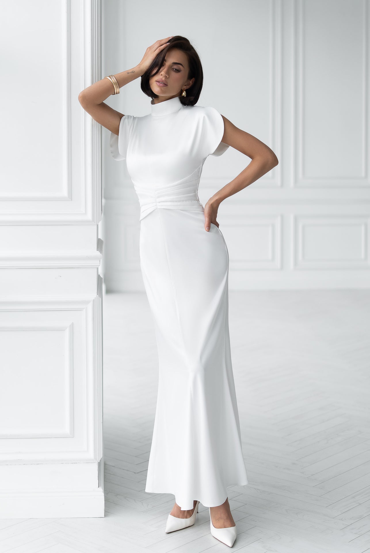Nova White Satin High-Neck Puff-Sleeve Maxi Dress - front view | ELAGIA