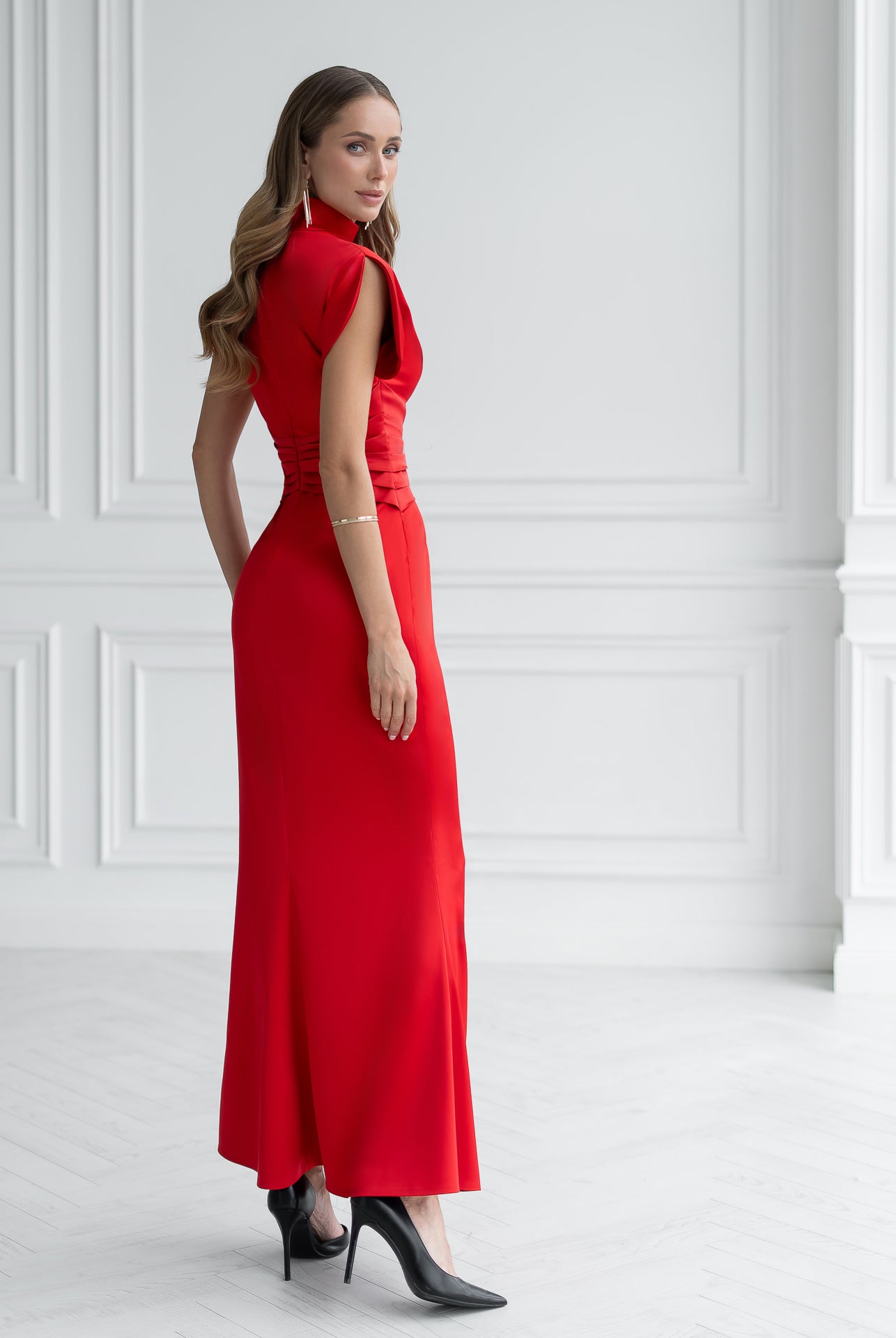Nova Red Satin High-Neck Puff-Sleeve Maxi Dress - side view | ELAGIA