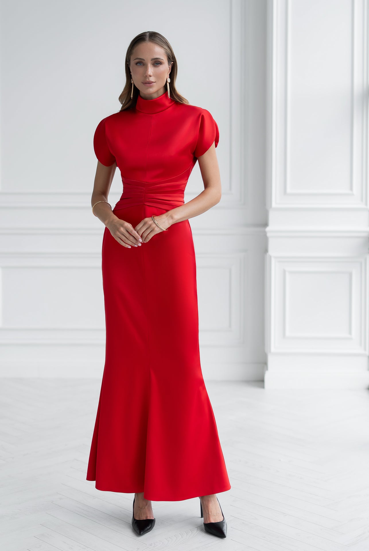 Nova Red Satin High-Neck Puff-Sleeve Maxi Dress - front view | ELAGIA
