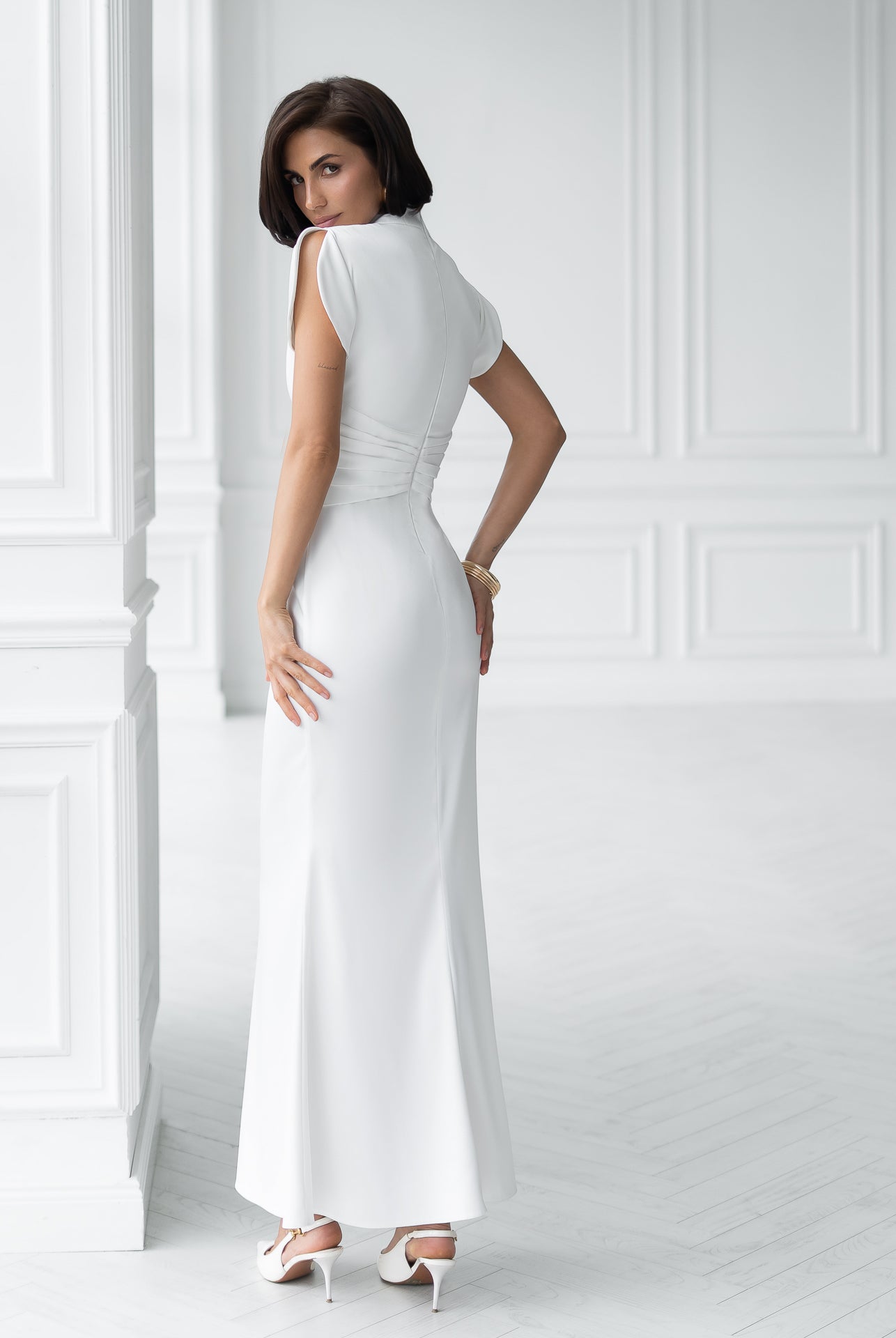 Nova White Satin High-Neck Puff-Sleeve Maxi Dress - side view | ELAGIA