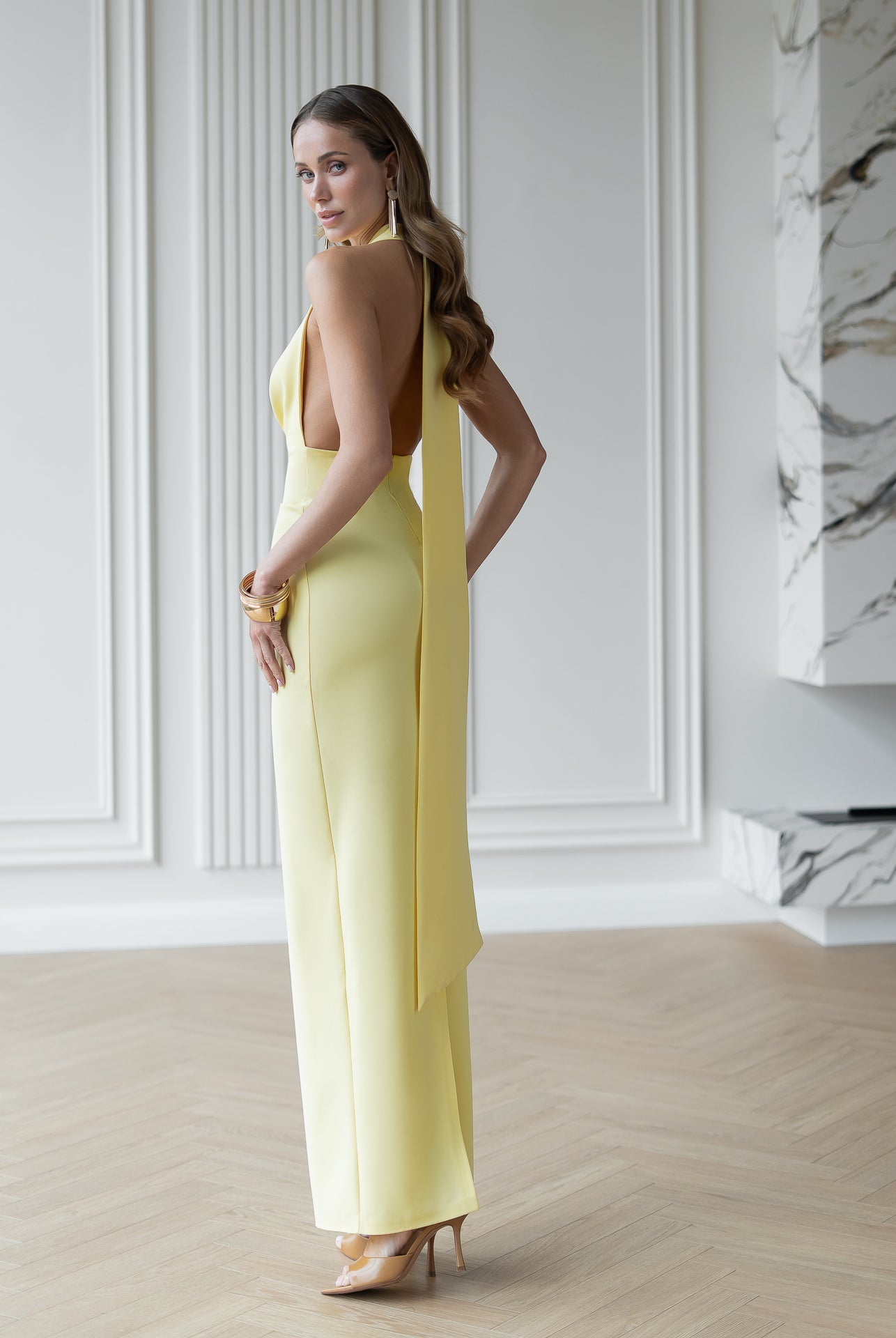 Stella Yellow Halter-Neck Backless Maxi Dress - view 7 | ELAGIA