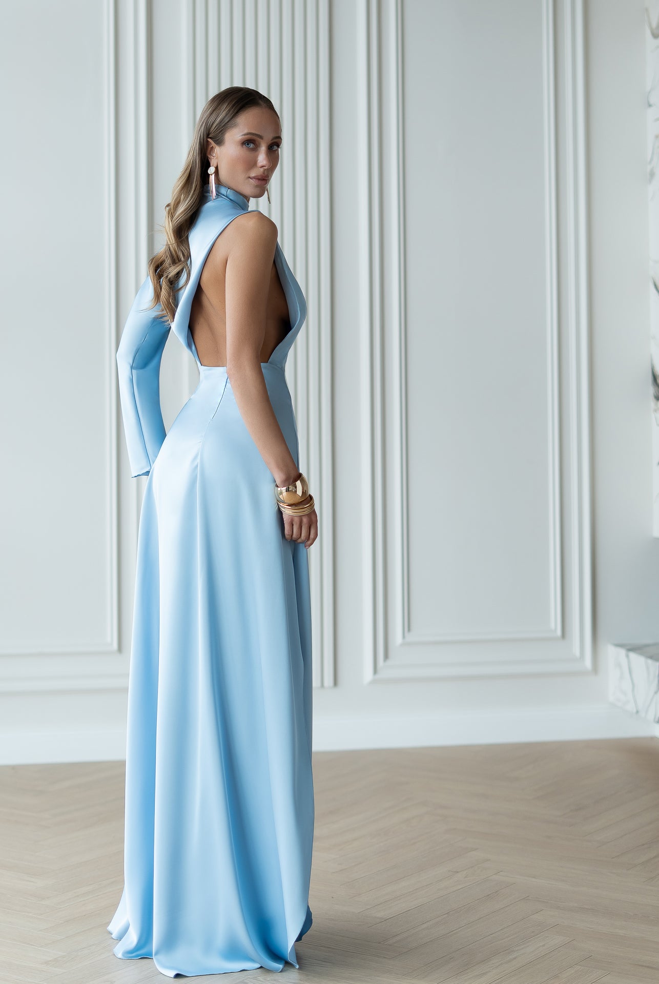 Sky-Blue Satin Draped Neck One-Shoulder Maxi Dress - side view | ELAGIA