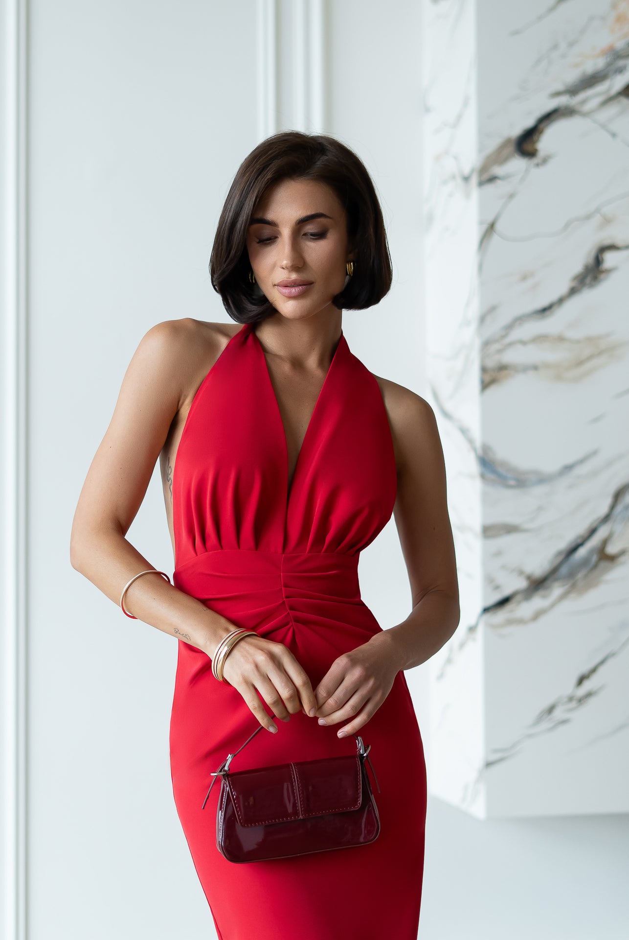 Stella Red Halter-Neck Backless Maxi Dress - view 6 | ELAGIA