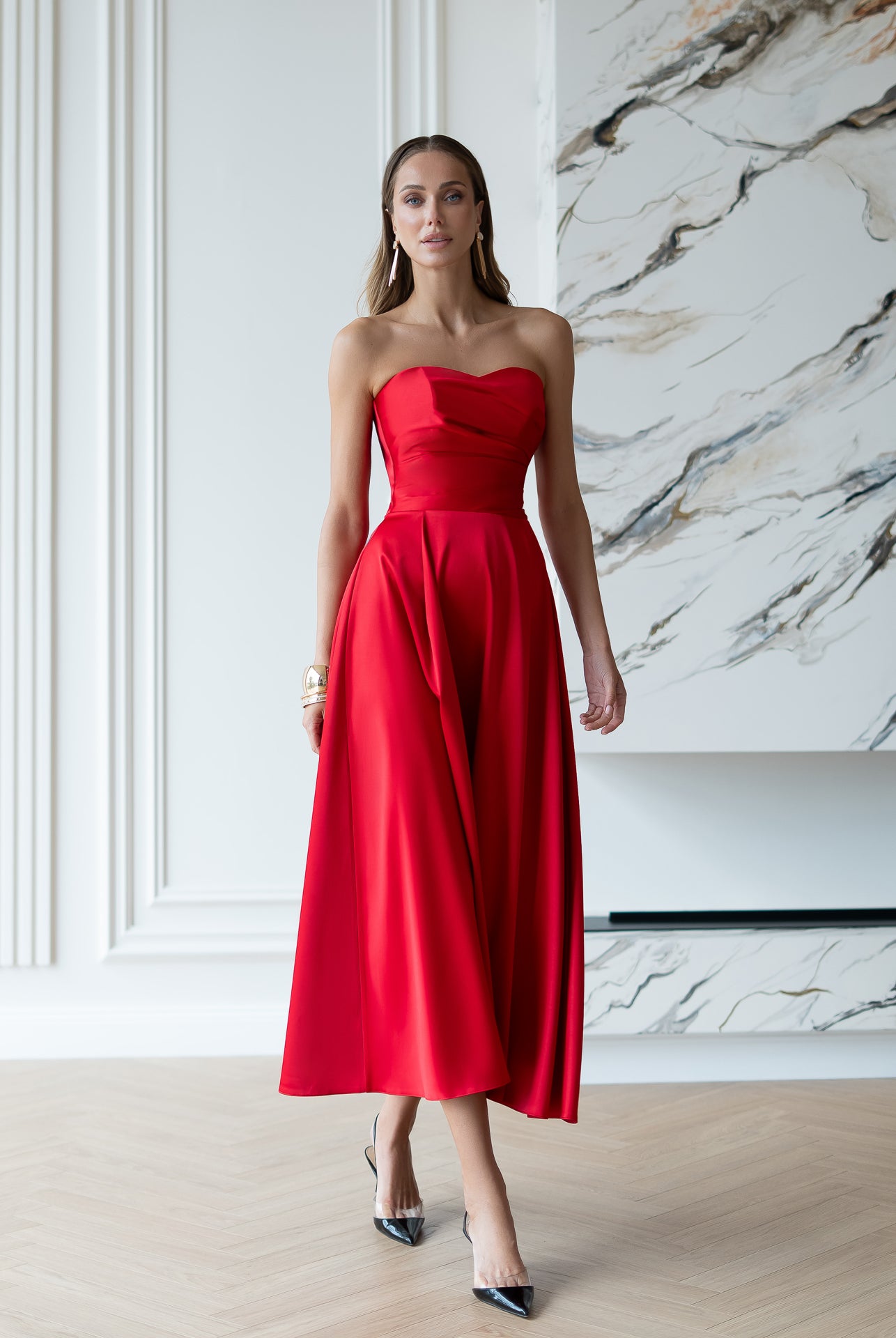 Nova Red Satin Strapless Sweetheart Midi Dress - front view | ELAGIA