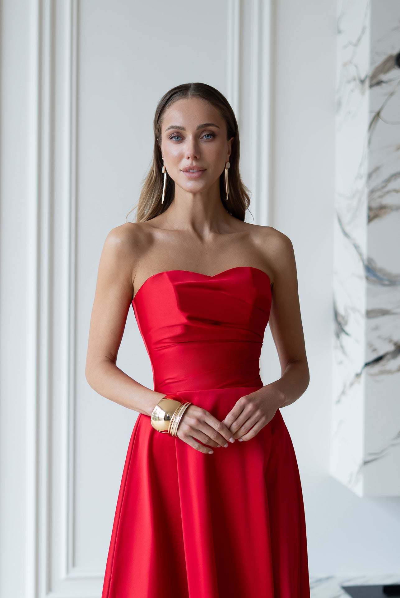 Nova Red Satin Strapless Sweetheart Midi Dress - back view | ELAGIA