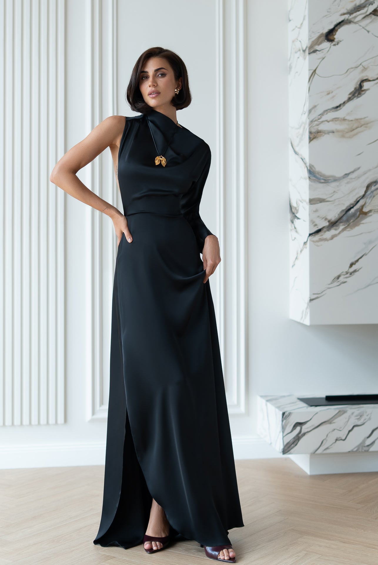 Black Satin Draped Neck One-Shoulder Maxi Dress - front view | ELAGIA