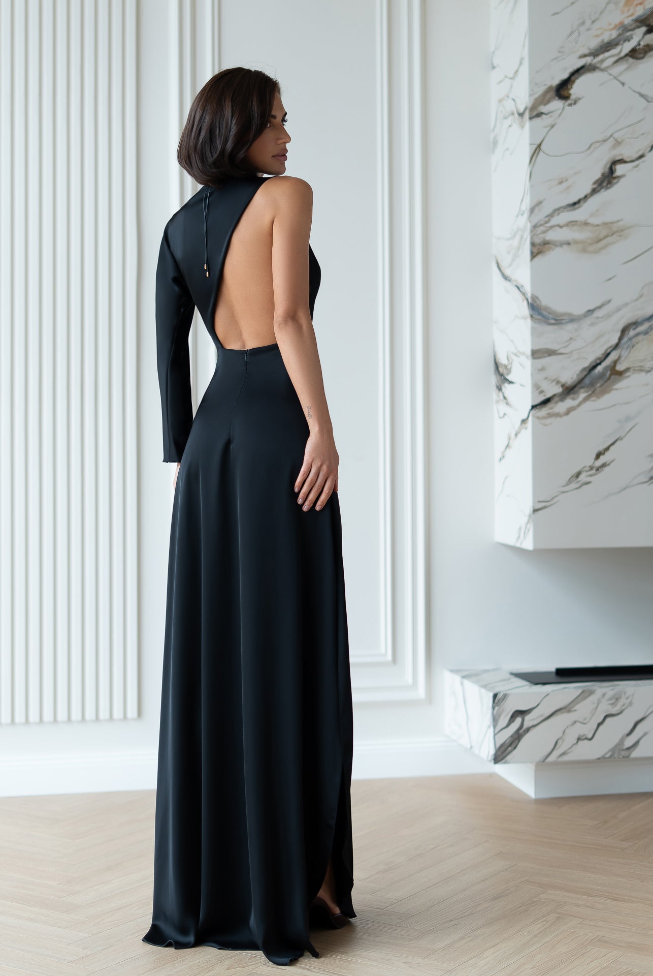 Black Satin Draped Neck One-Shoulder Maxi Dress - side view | ELAGIA