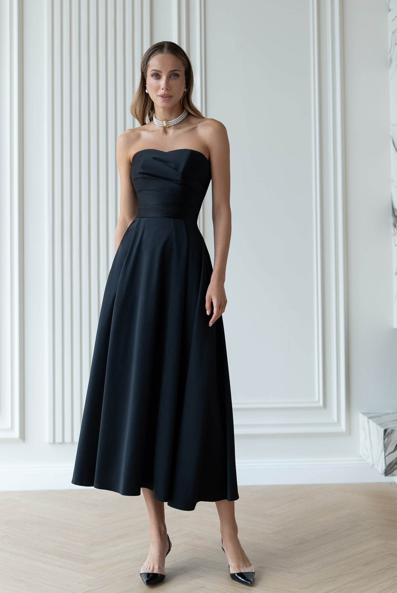Nova Black Satin Strapless Sweetheart Midi Dress - front view | ELAGIA