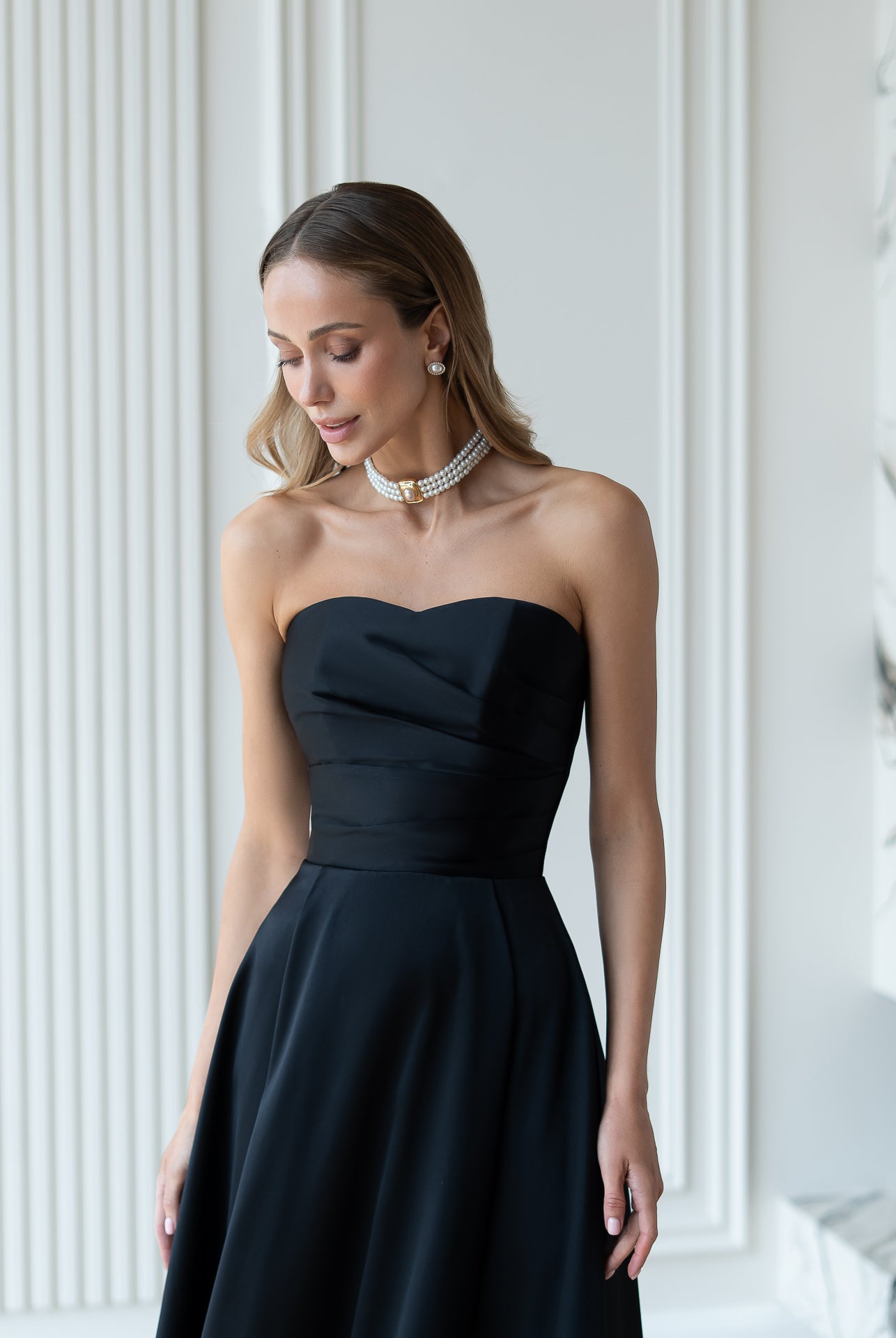Nova Black Satin Strapless Sweetheart Midi Dress - back view | ELAGIA