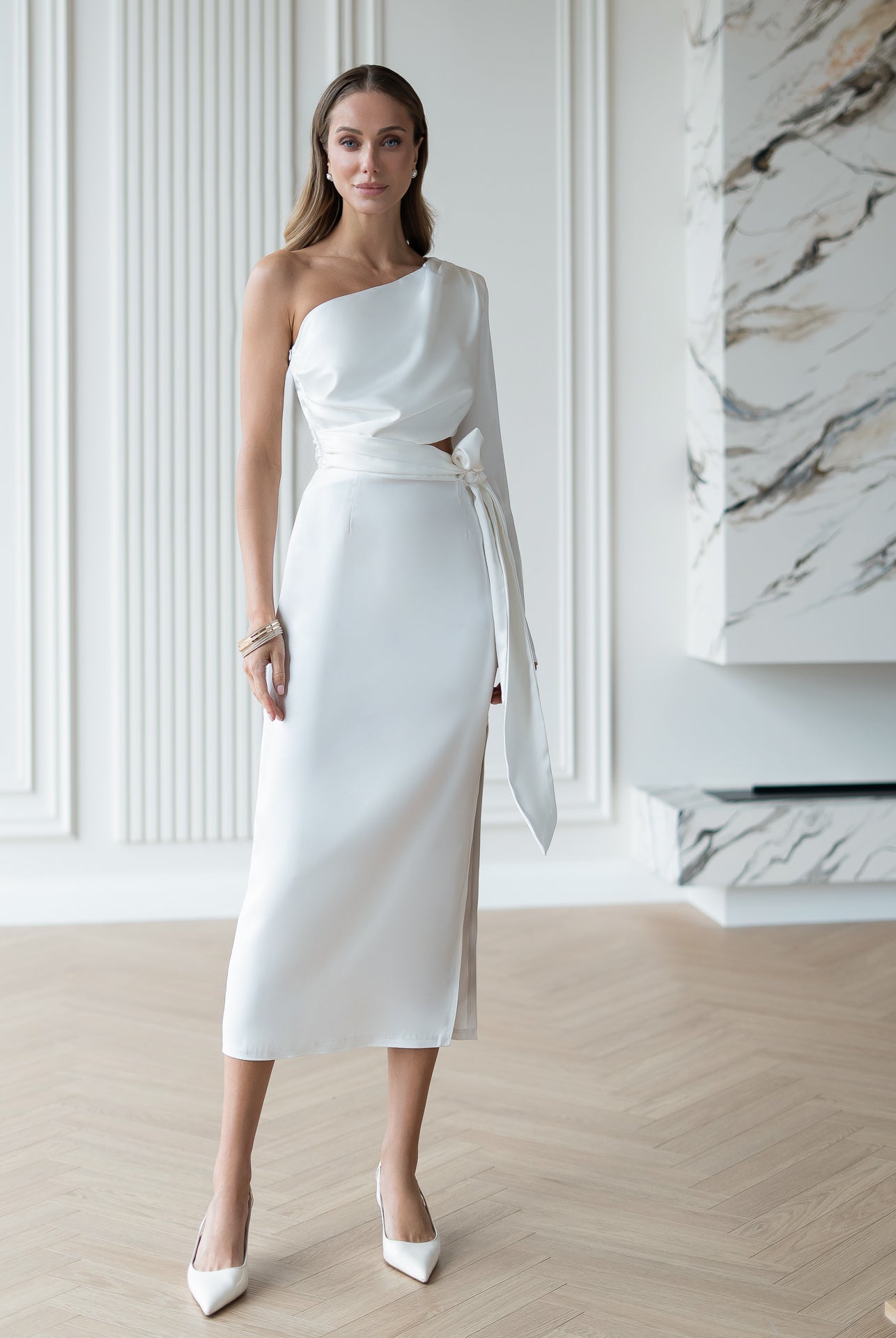 White Satin One-Shoulder Cut-Out Midi Dress - Detail View | ELAGIA